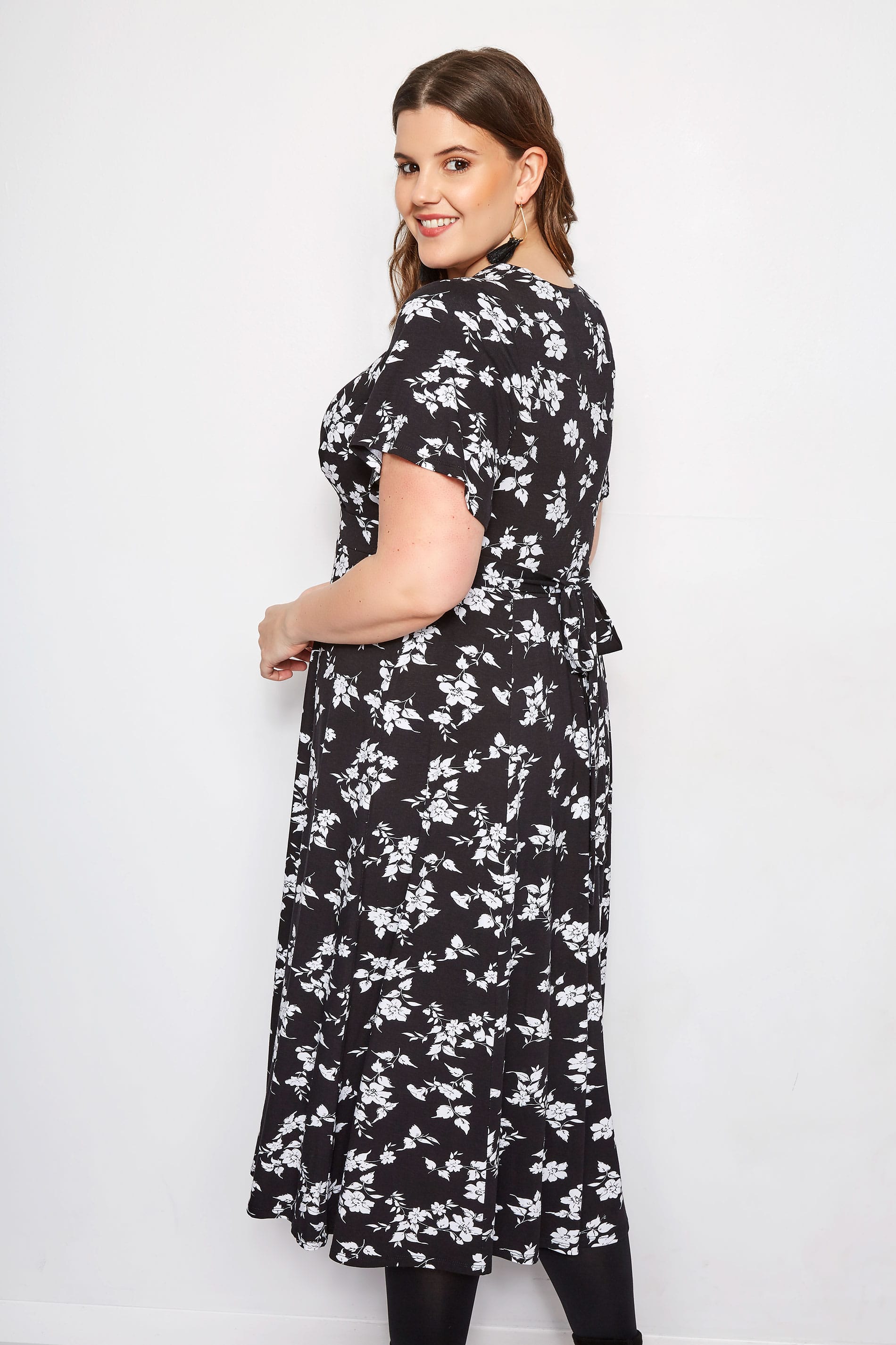 Plus Size Black & White Mini Floral Midi Wrap Dress | Sizes 16 to 36 ...