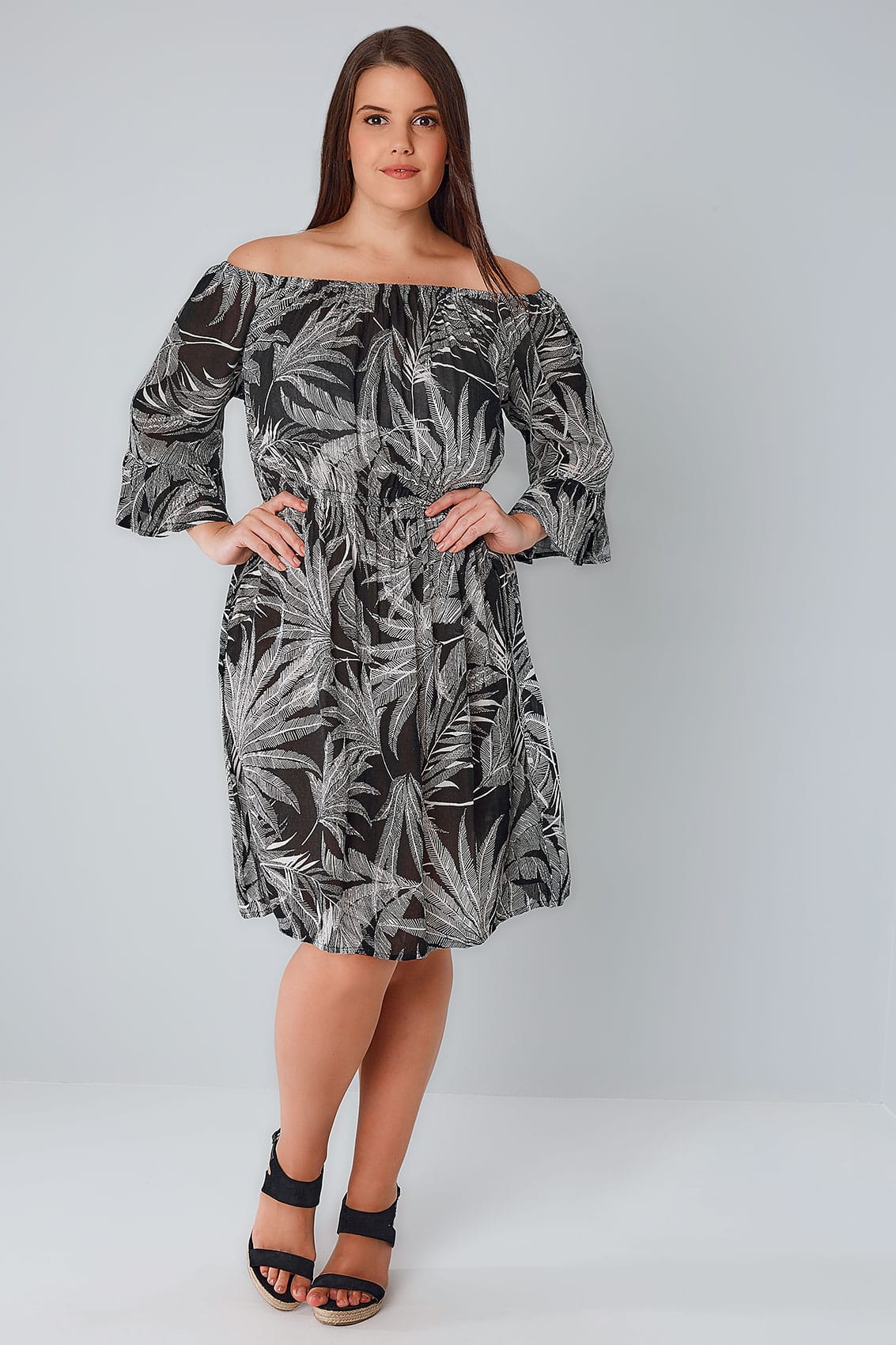 Black  White Palm Print Gypsy Dress, Plus Size 16 To 36-3177