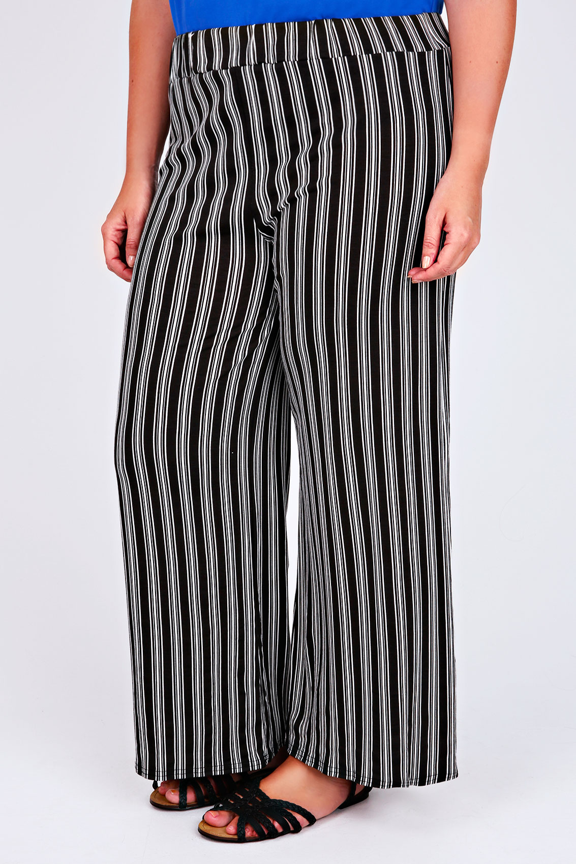 Black & White Stripe Print Wide Leg Trousers Plus Size 16 to 32