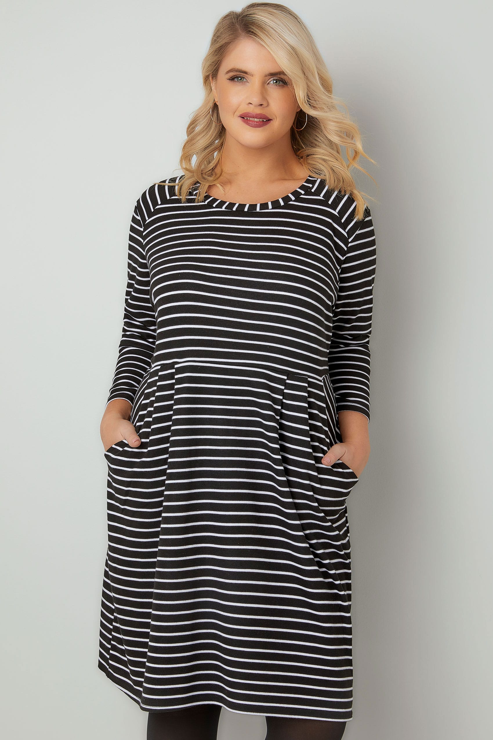 Black & White Striped Dress With Pockets, Plus size 16 to 36