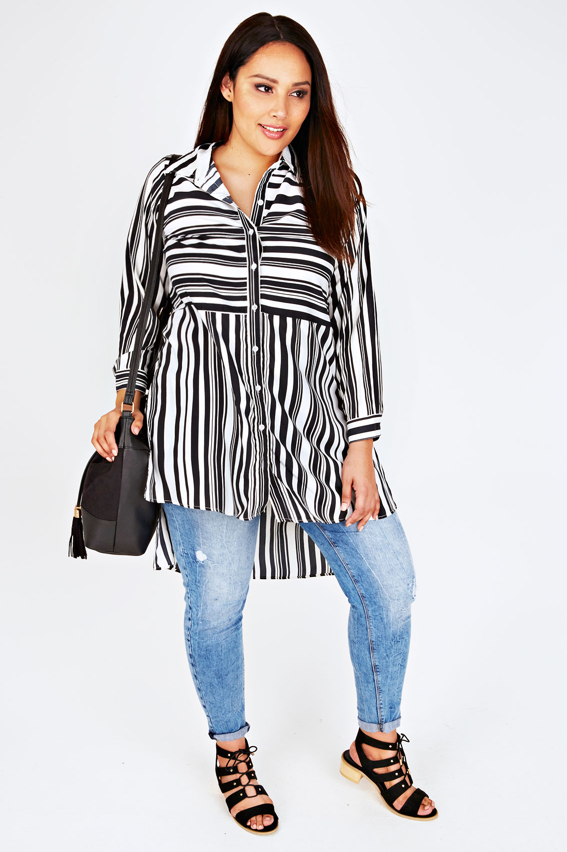 Black & White Striped Longline Shirt With Dipped Hem Plus size 14,16,18 ...