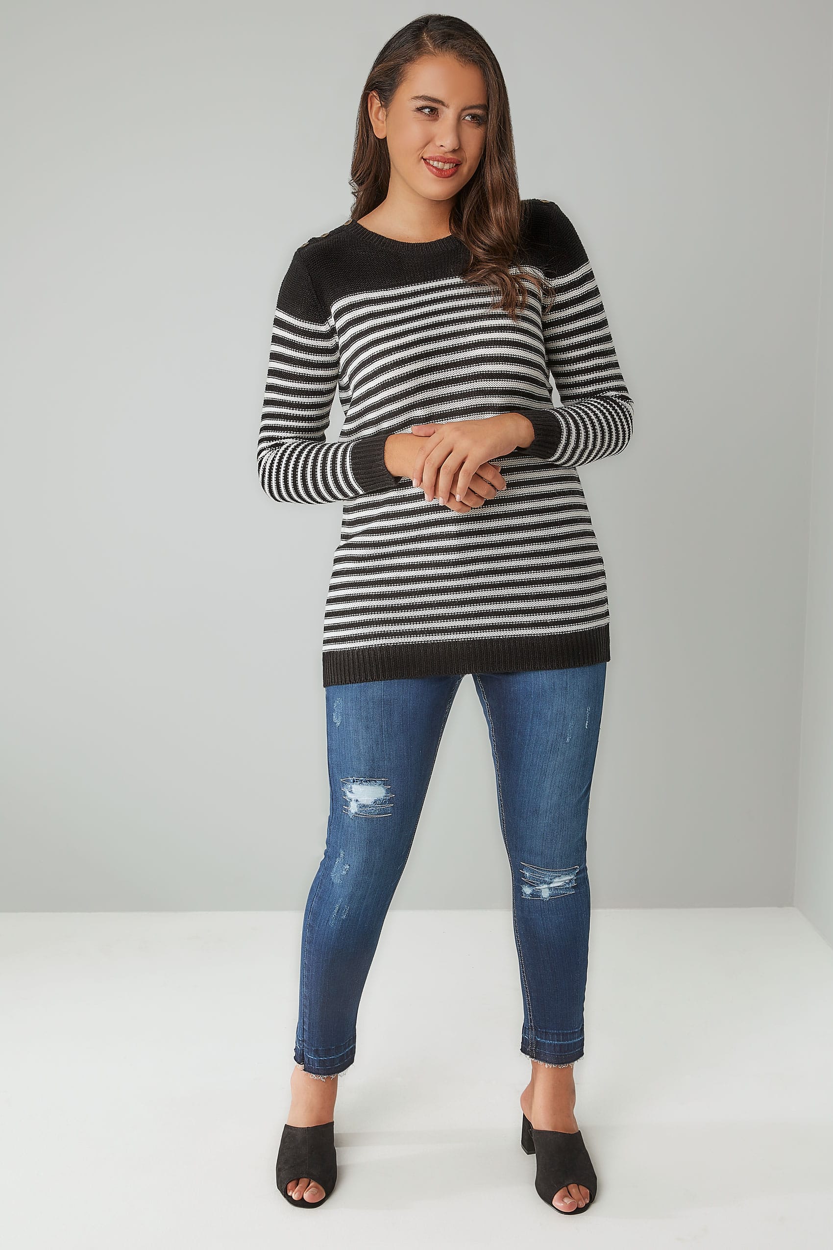 Download Black & White Textured Striped Jumper With Mock Button ...
