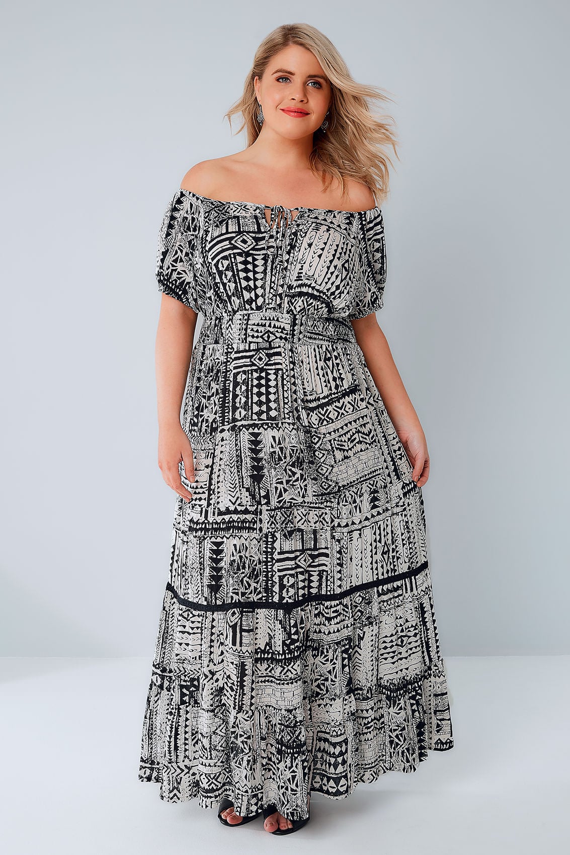 Black & White Tribal Print Gypsy Maxi Dress, Plus size 16 to 36