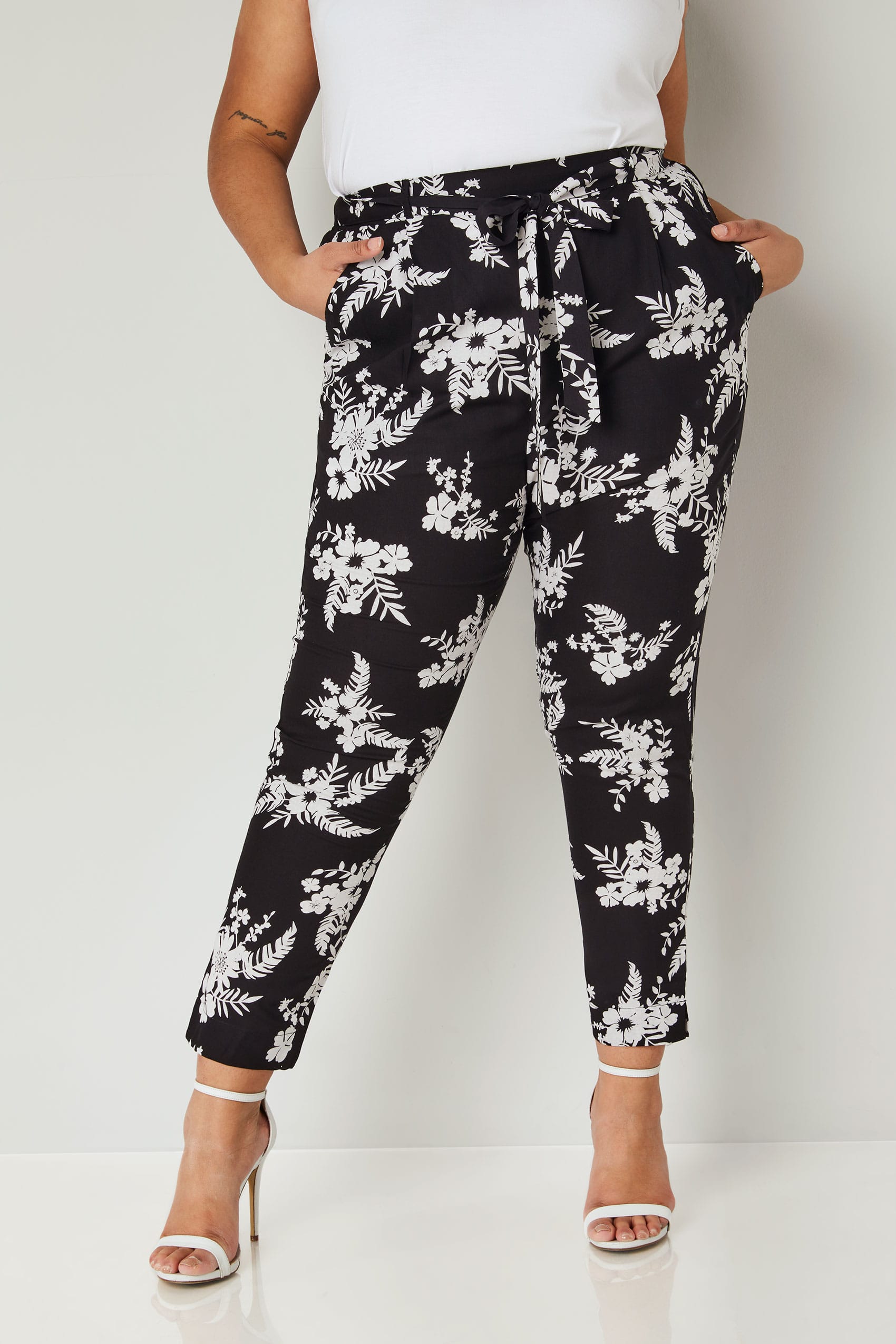 Black & White Tropical Floral Tapered Trousers, plus size 16 to 36