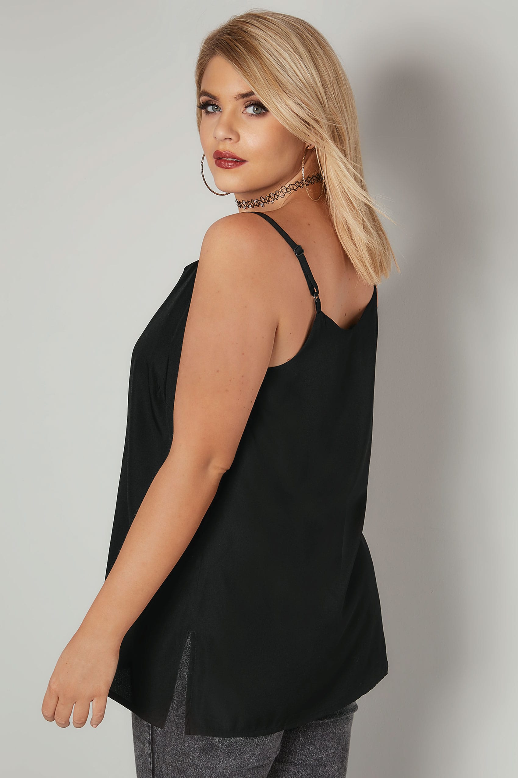 Black Woven Cami Top With Side Splits, Plus Size 16 To 36-3849