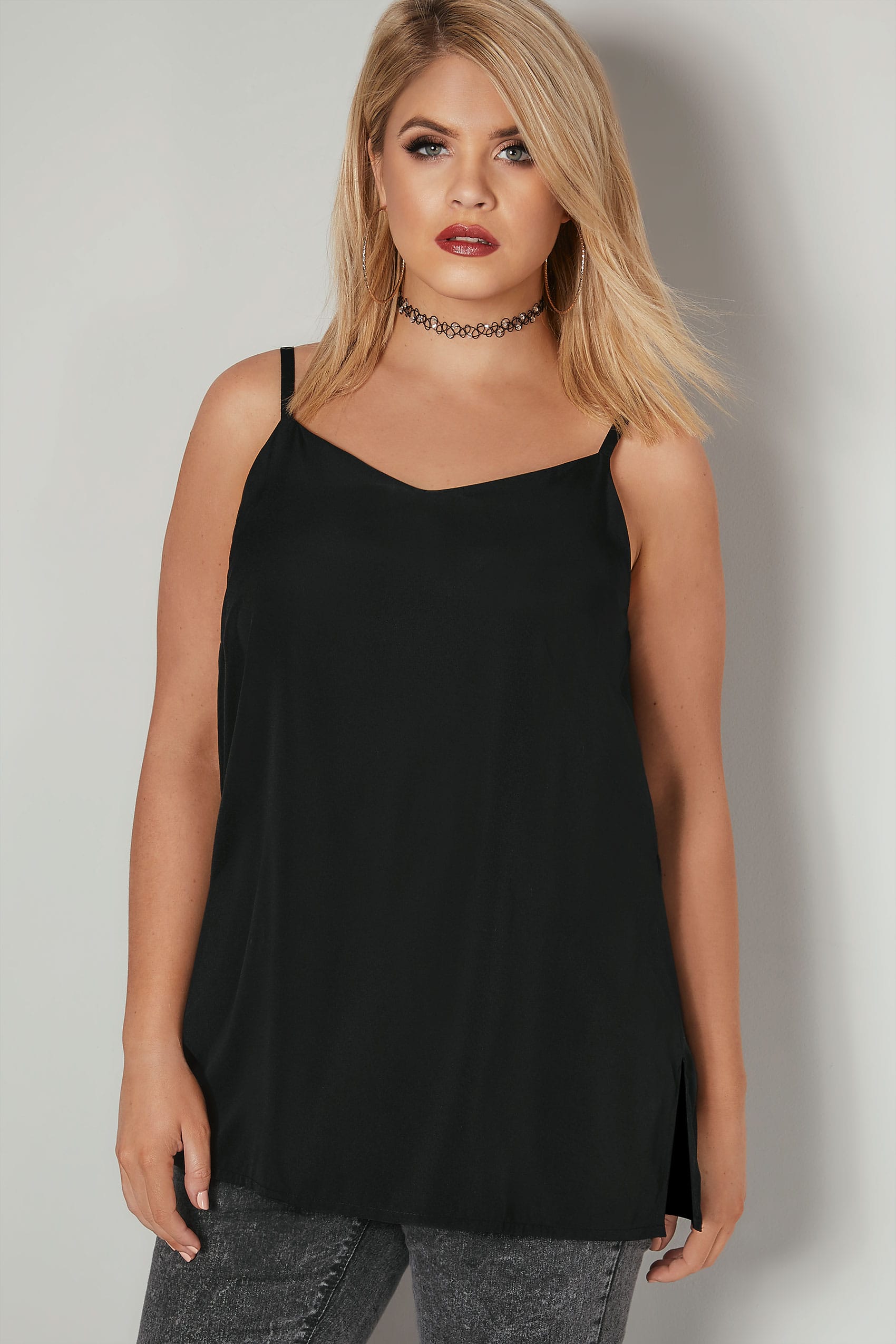 Black Woven Cami Top With Side Splits, Plus Size 16 To 36-6665