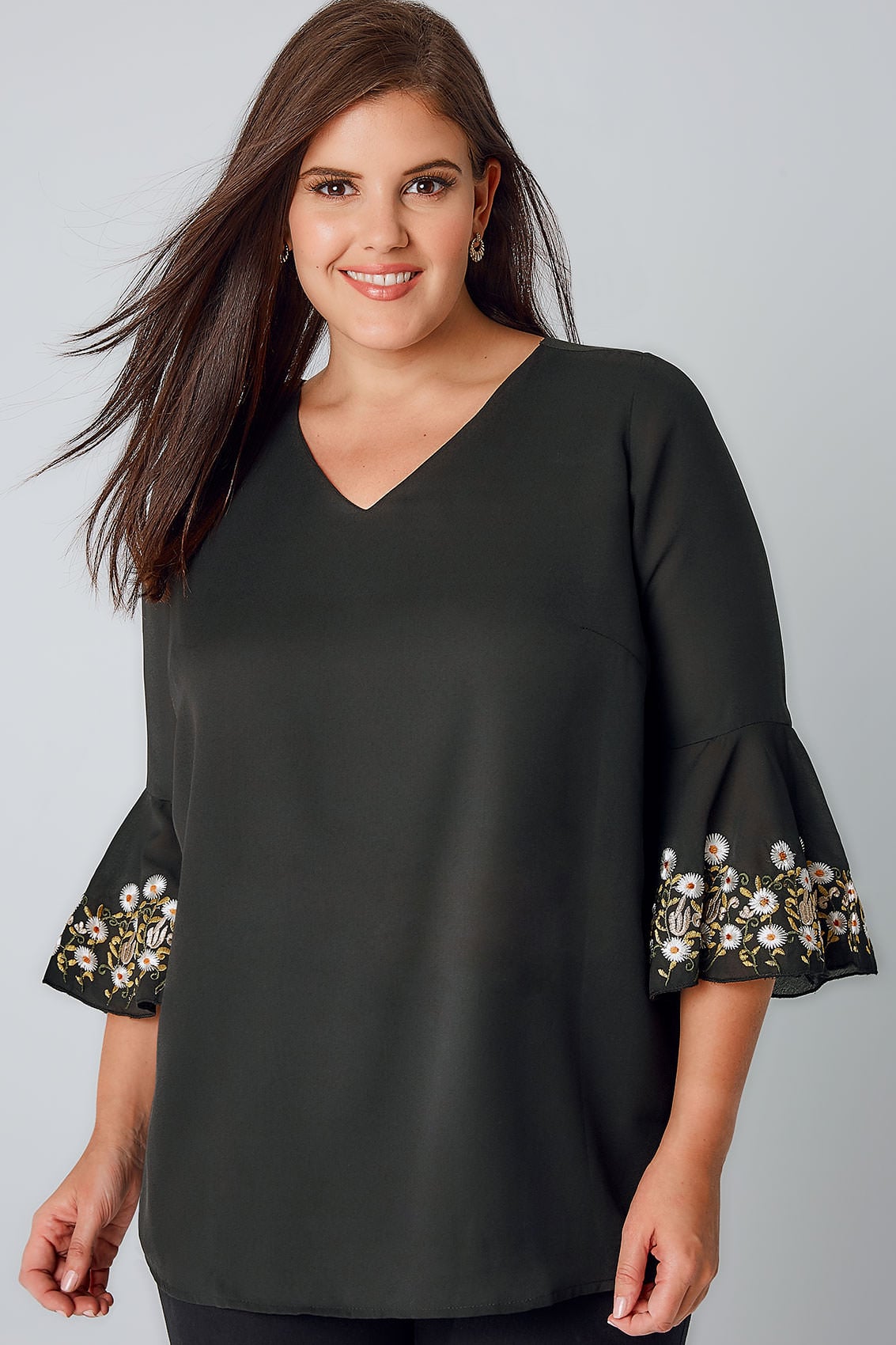 Black Woven Top With Embroidered Flute Sleeves, Plus size 16 to 32