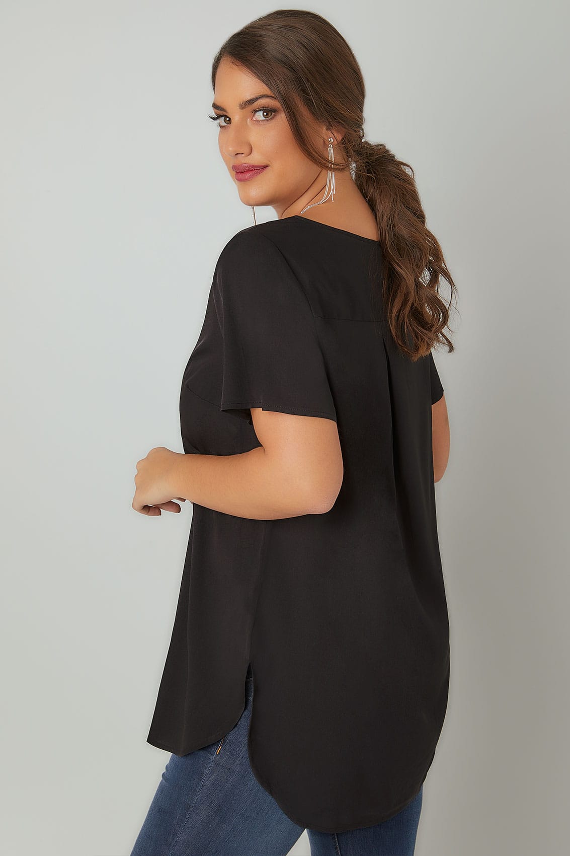 Black Woven Top With V-Neck &amp; Curved Hem Plus size 16 to 36