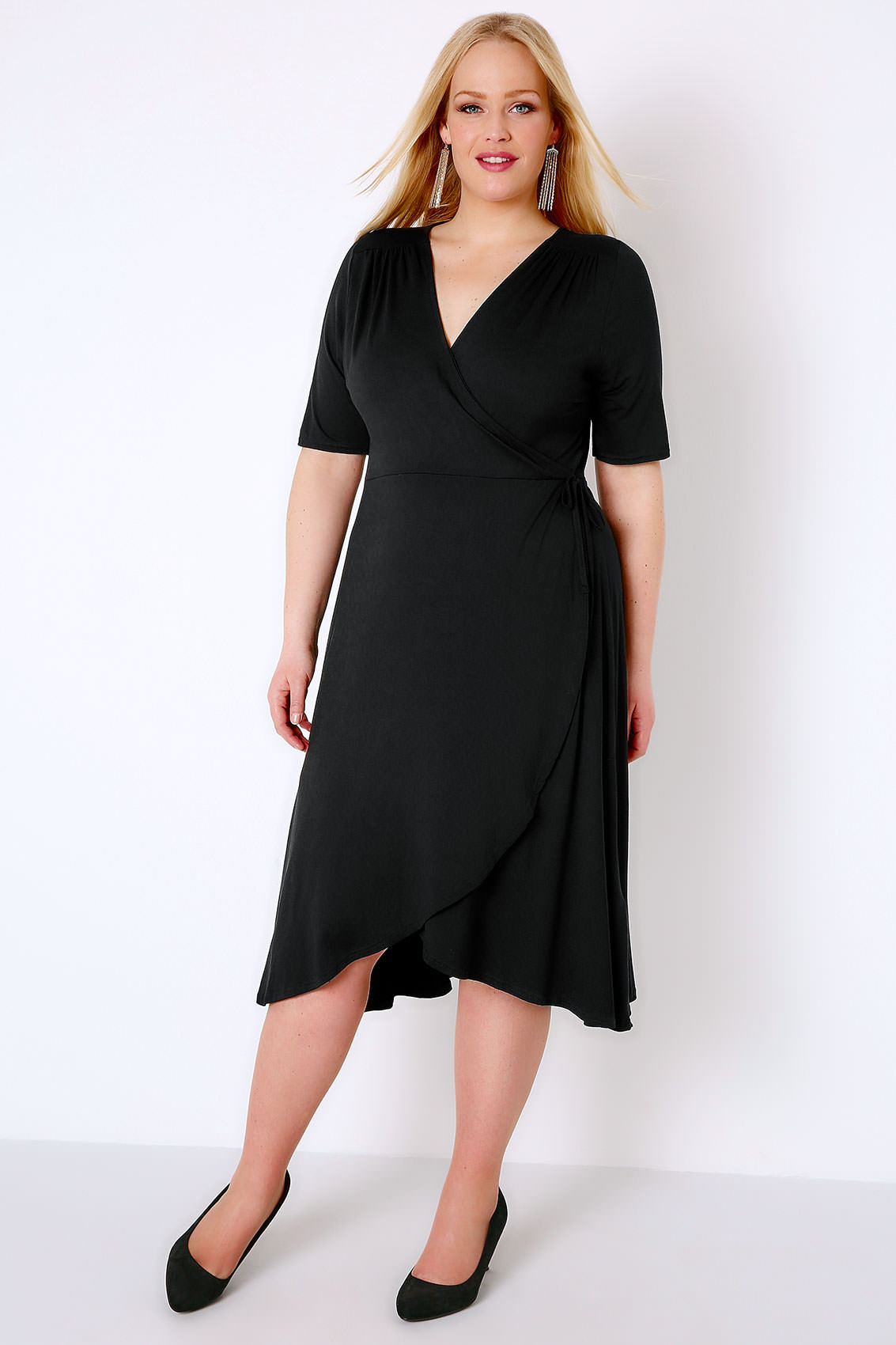 Black Wrap Dress With Short Sleeves, Plus size 16 to 32