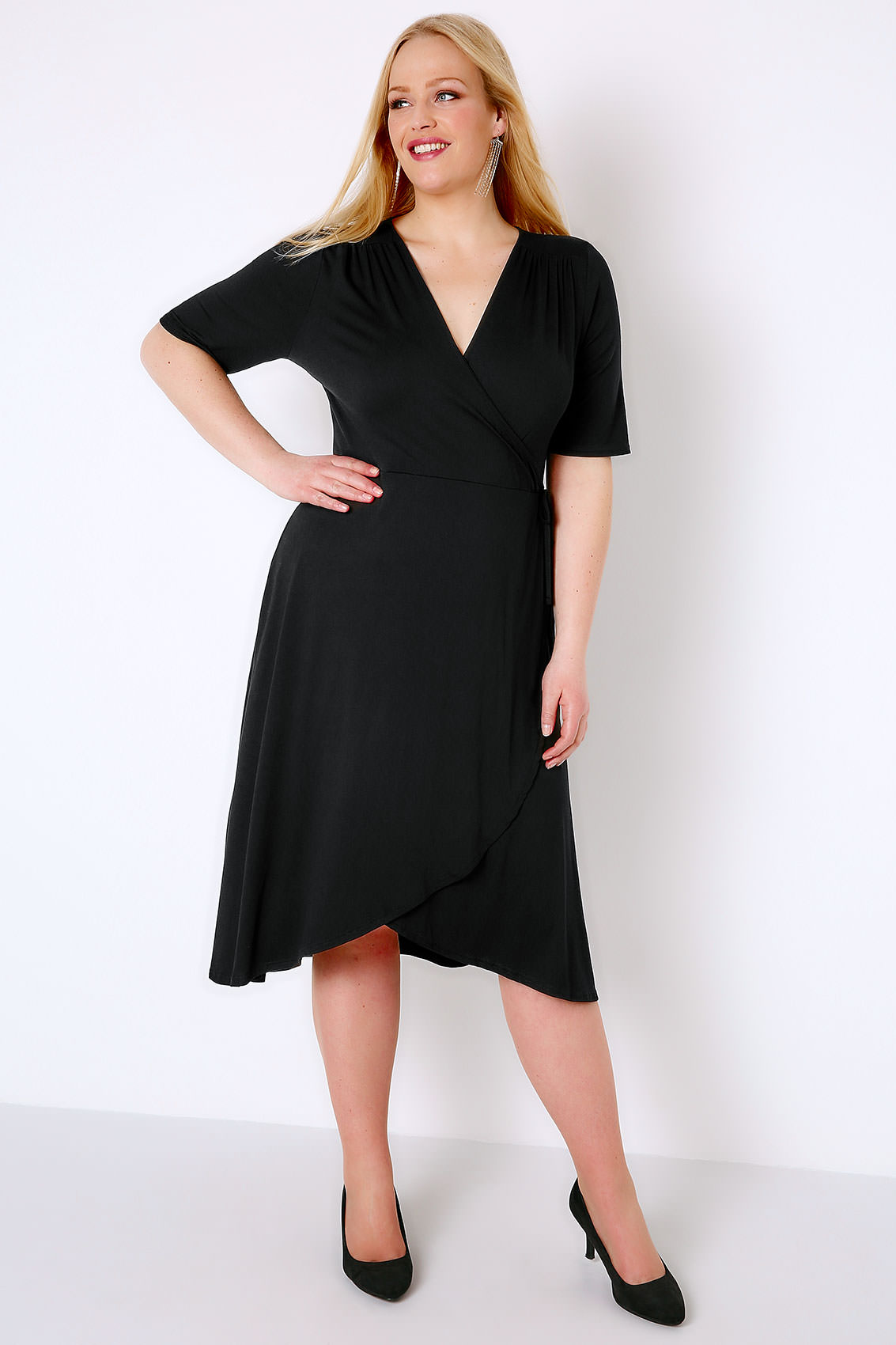 Black Wrap Dress With Short Sleeves, Plus size 16 to 32