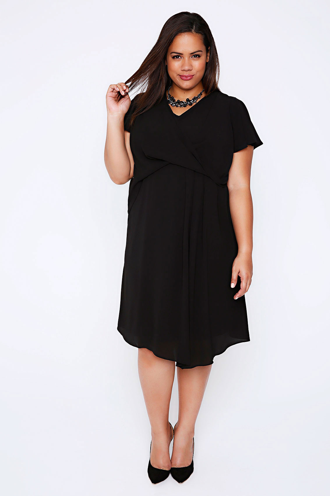 Black Wrap Front Midi Dress With Angel Sleeves Plus Size 16 to 32