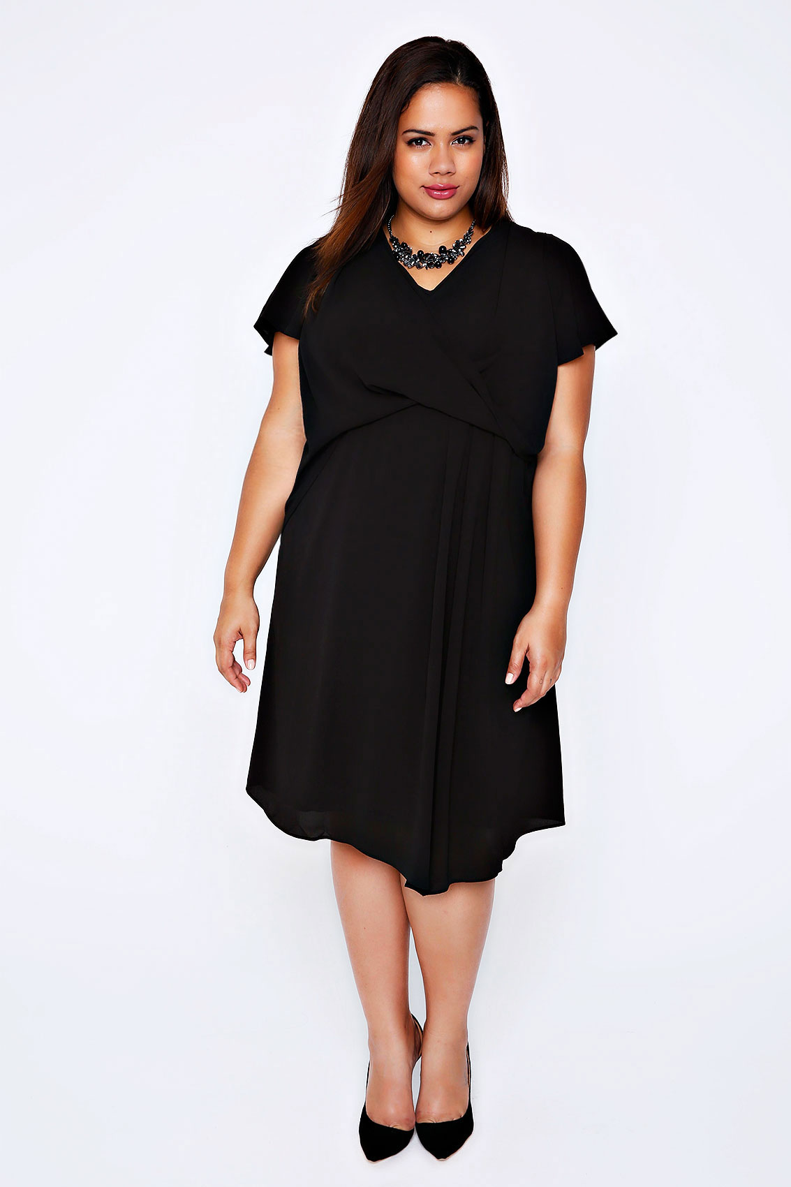 Black Wrap Front Midi Dress With Angel Sleeves Plus Size 16 to 32