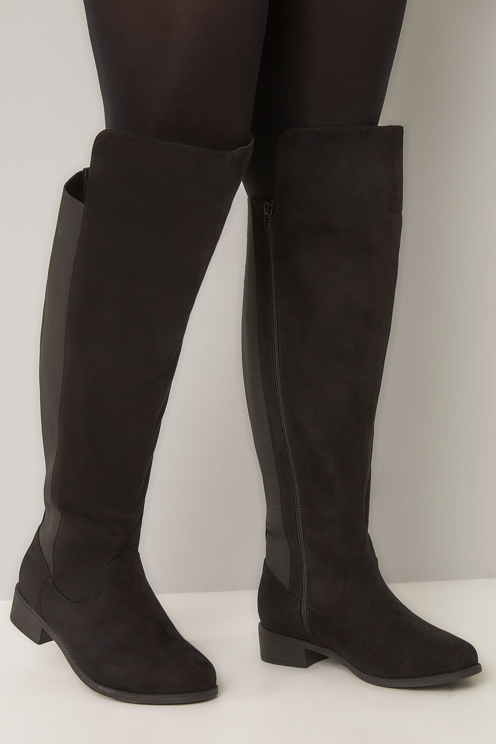 Black XL Calf Over The Knee Boots With Stretch Panel, Sizes 4EEE to 10EEE