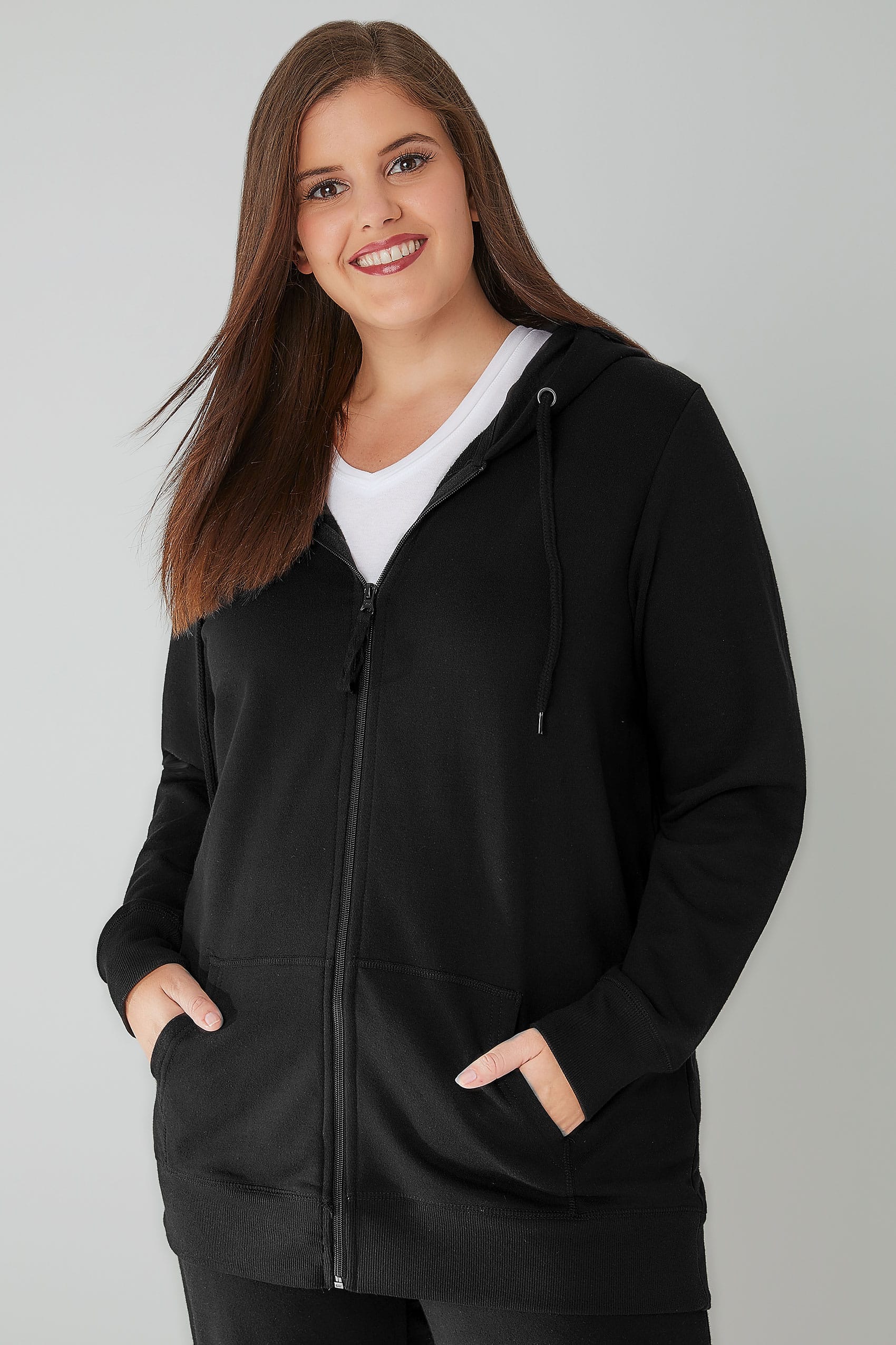 Black Zip Through Hoodie With Pockets, Plus size 16 to 36