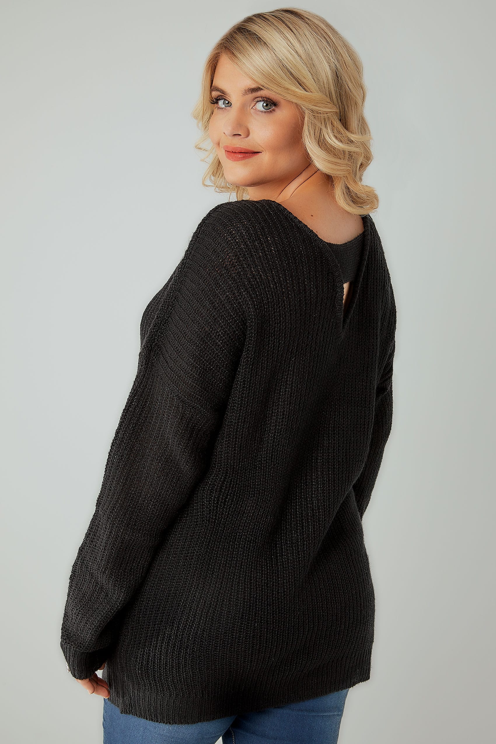 Black knitted Longline Jumper With Open Back, Plus size 16 to 36