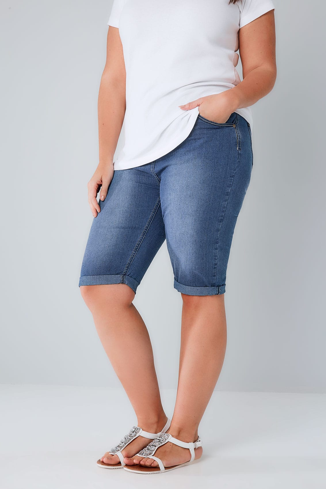 Bleach Blue Long Denim Shorts, Plus size 16 to 32
