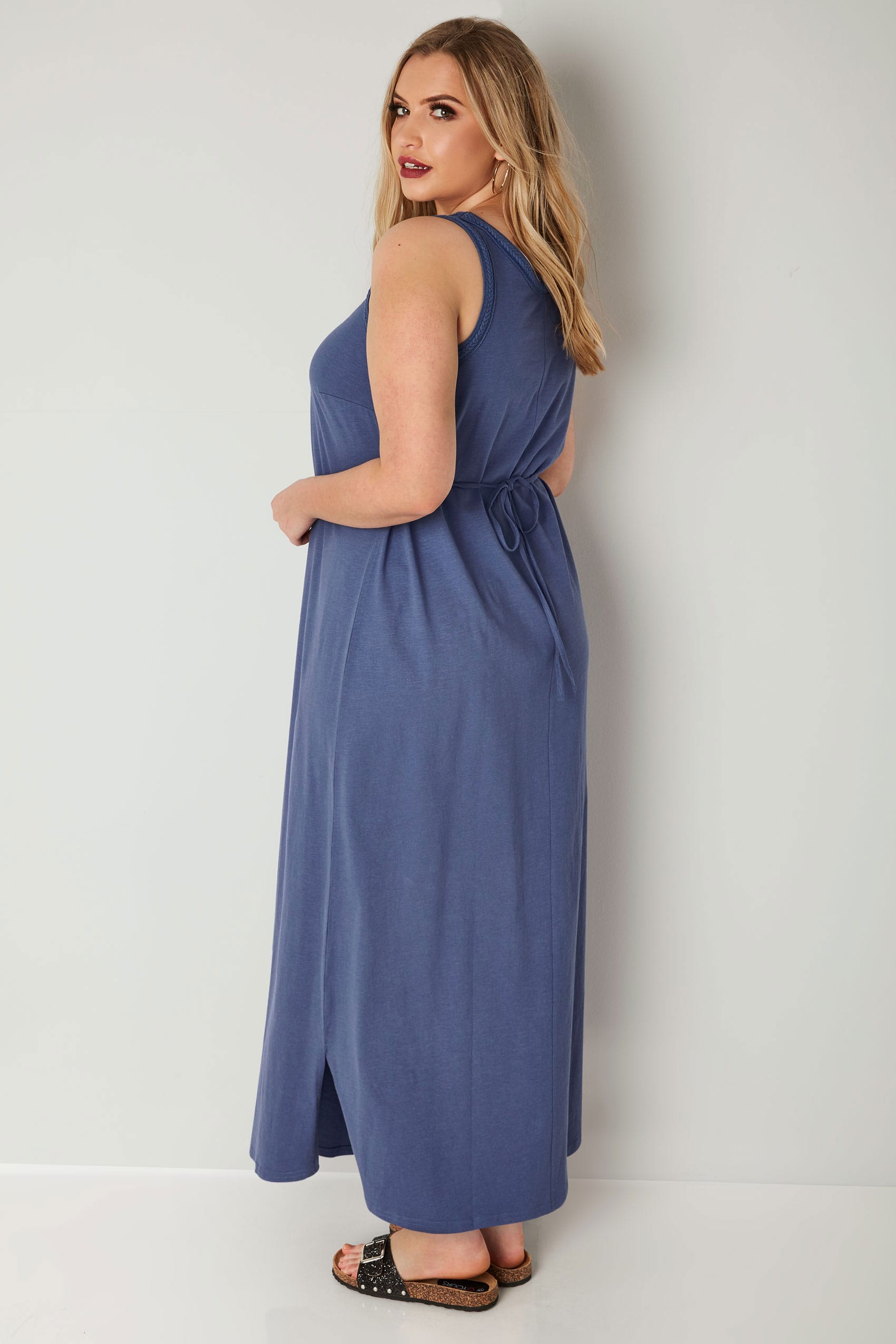 Blue Chambray Sleeveless Maxi Dress With Plait Trim Plus