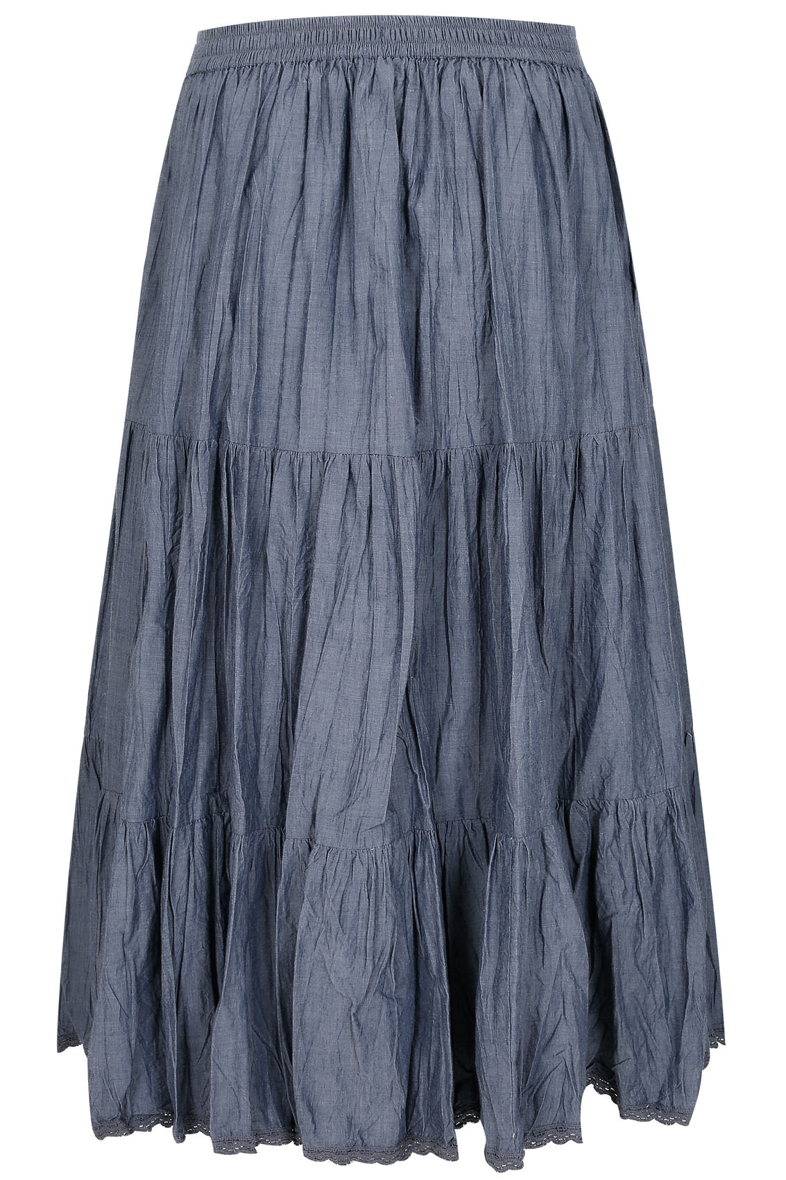 Blue Chambray Tiered Crinkle Maxi Skirt, Plus size 16 to 36