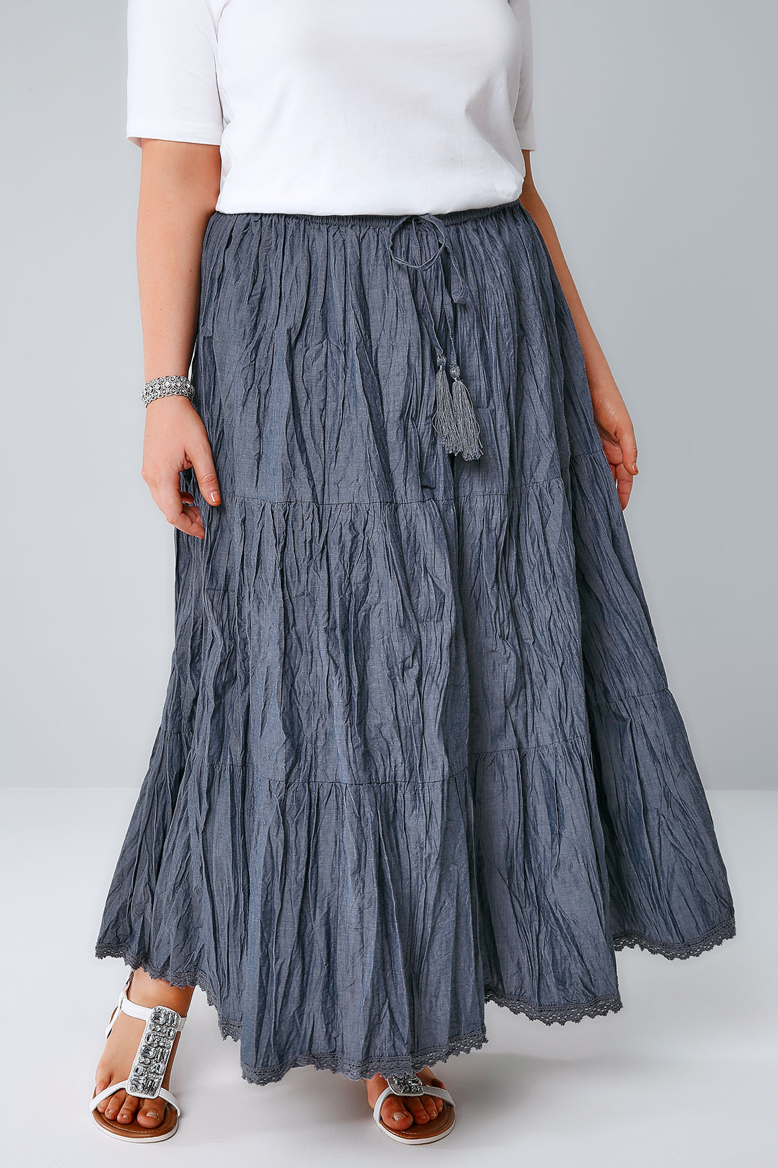 Blue Chambray Tiered Crinkle Maxi Skirt, Plus size 16 to 36