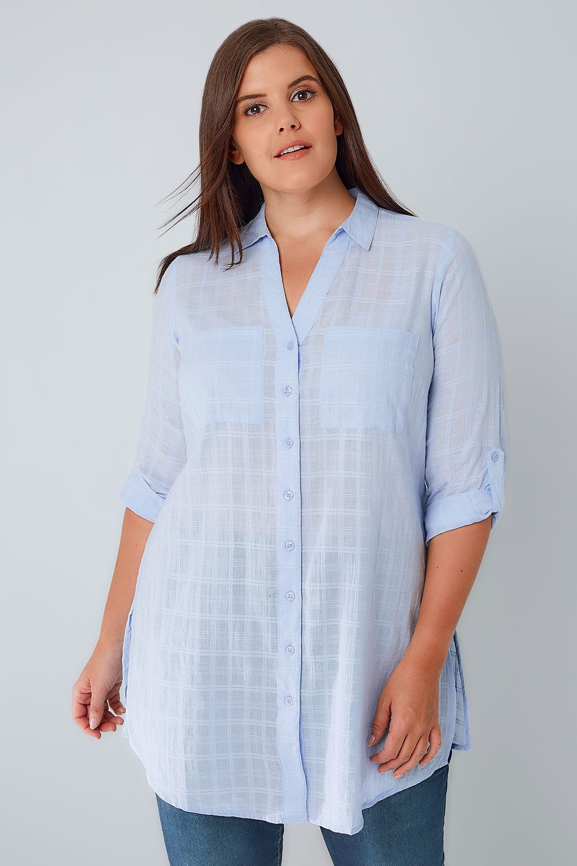 Blue Checked  Longline Shirt  With Waist Tie Plus  size  16 to 36