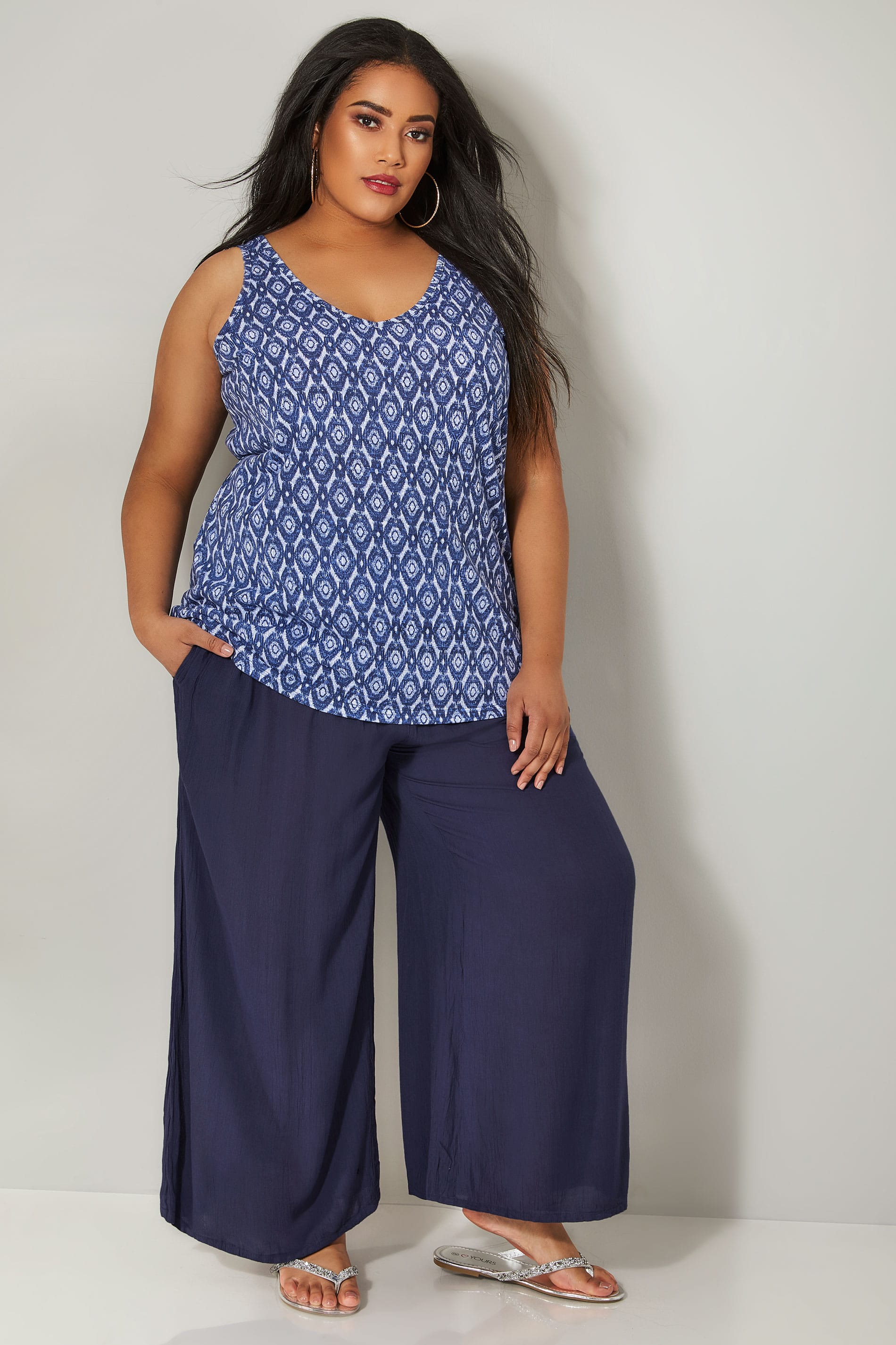 Blue Crinkle Wide Leg Trousers With Ruched Elasticated Waist Panel plus ...