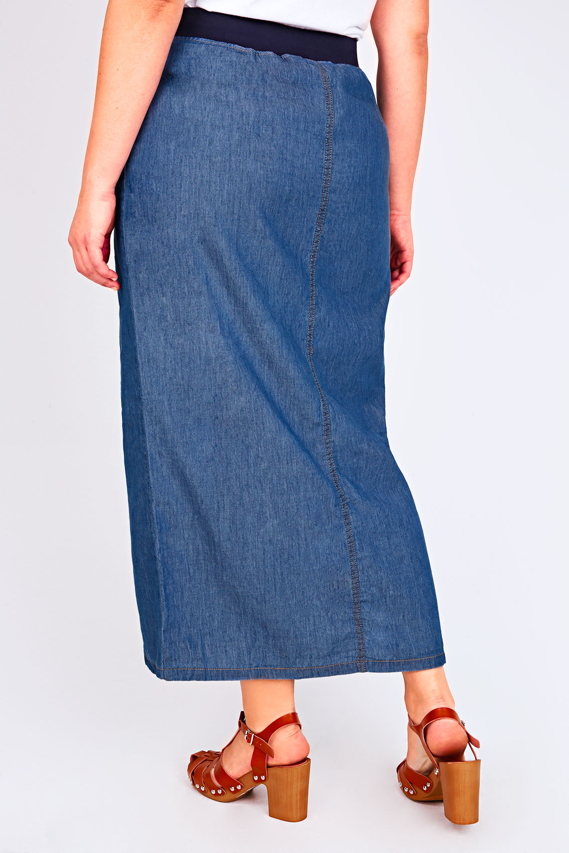 Blue Denim Button Front Midi Skirt With Jersey Waistband Plus Size 14