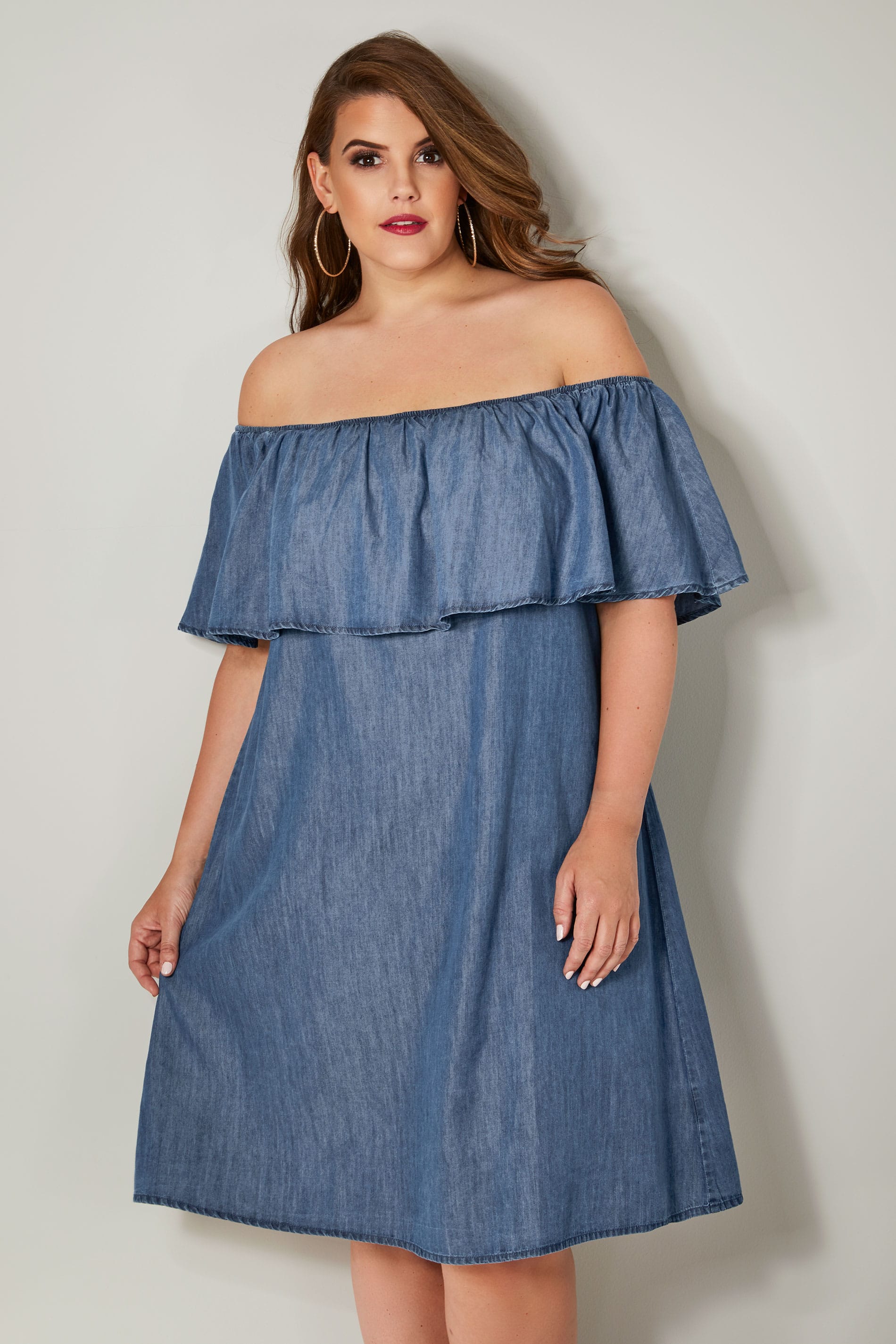 Blue Denim Chambray Bardot Dress Plus Size 16 To 36 0740