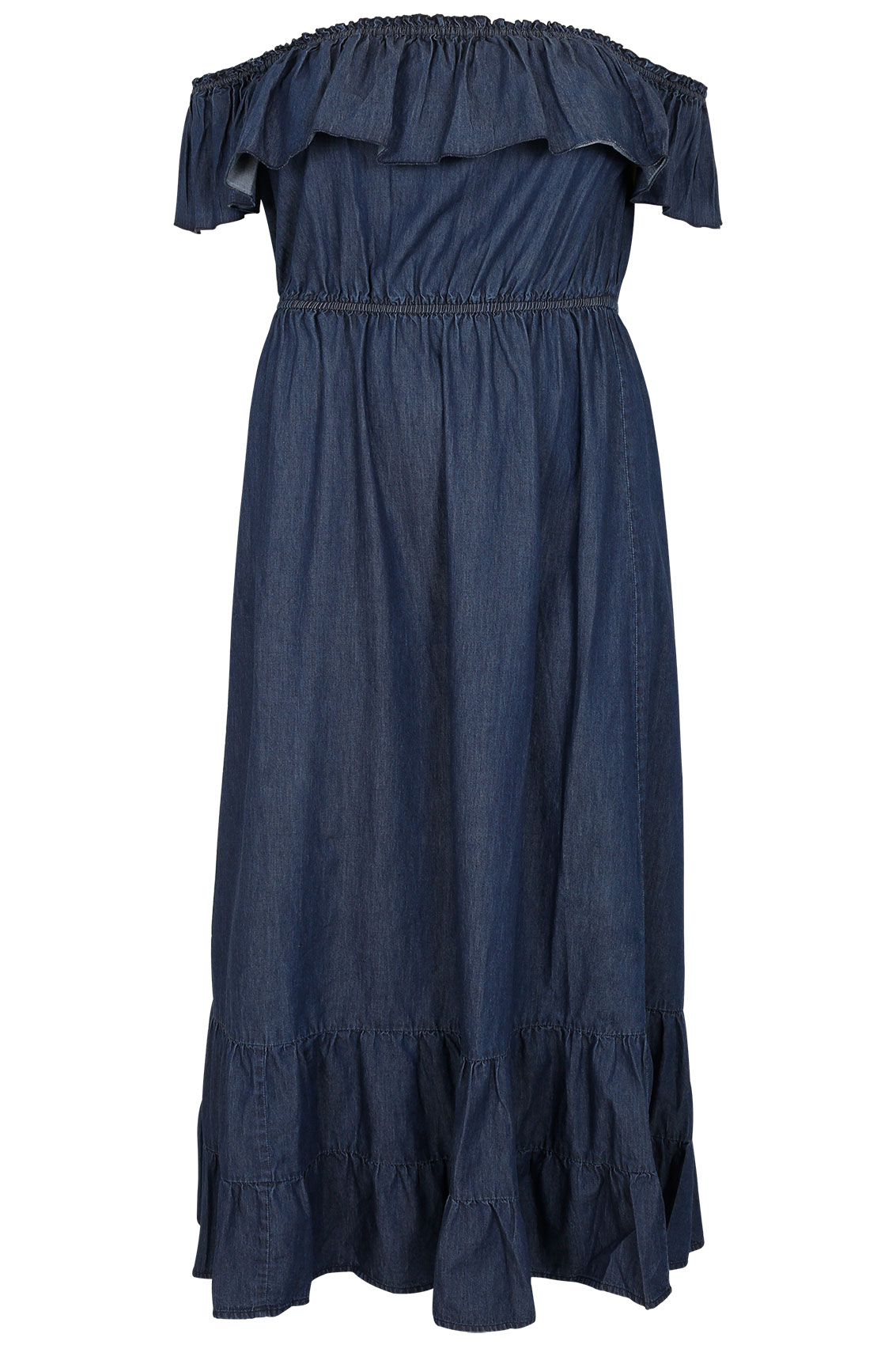 Blue Denim Chambray Frill Maxi Dress, Plus size 16 to 36