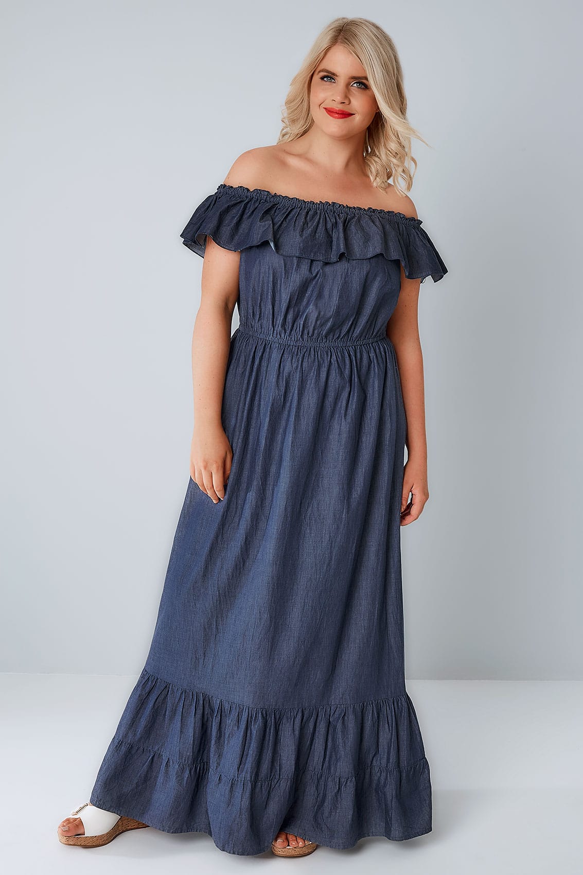 Blue Denim Chambray Frill Maxi Dress, Plus size 16 to 36