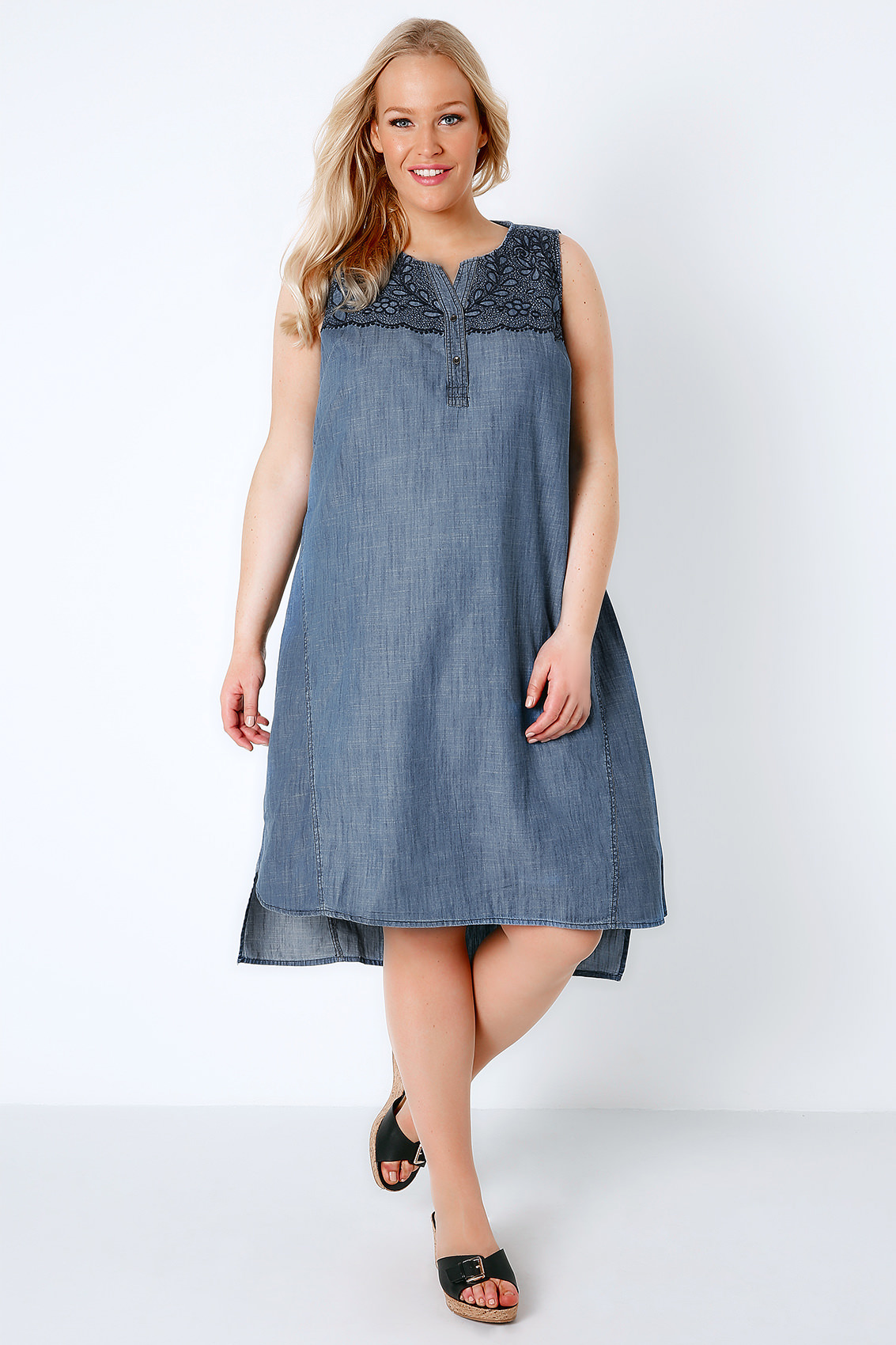 Blue Denim Embroidered Sleeveless Dress With Step Hem, Plus size 16 to 36