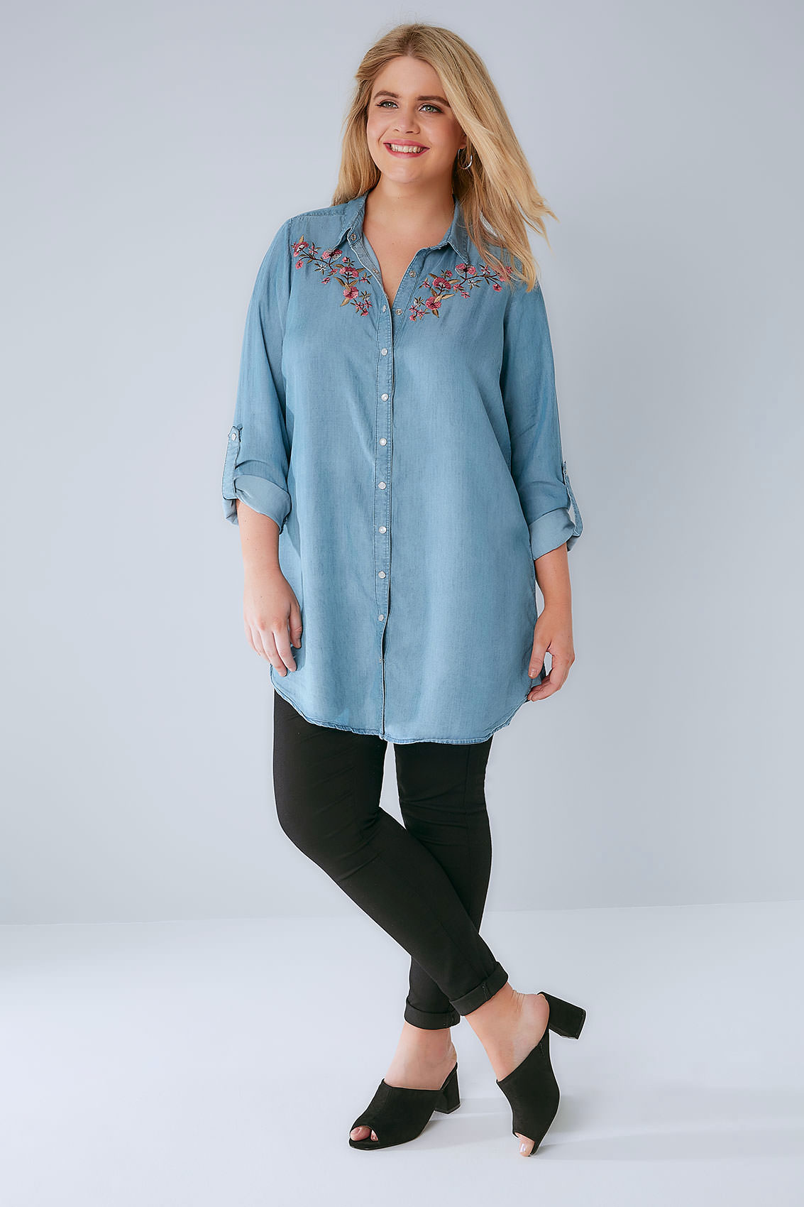 WOMENS DENIM LONGLINE Shirt With Floral Embroidery, Plus Size 16 To 36 ...