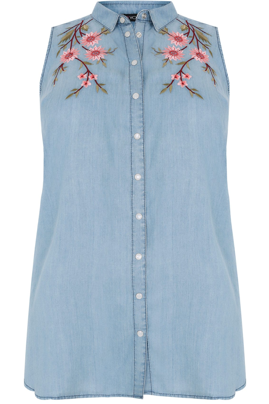 Blue Denim Sleeveless Shirt With Floral Embroidery, Plus size 16 to 36