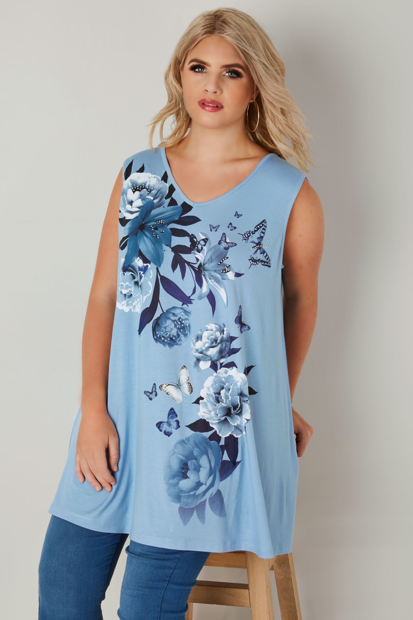 Blue Embellished Lily Floral Print Swing Top, plus size 16 to 36