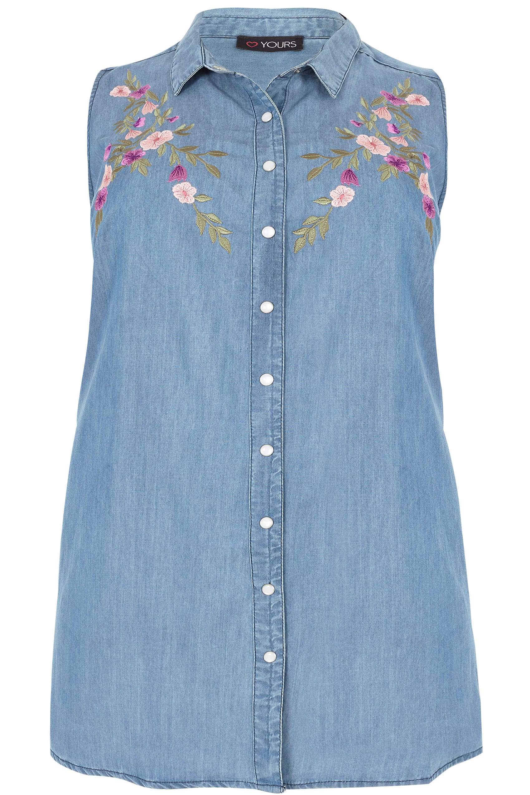 Blue Floral Embroidery Sleeveless Denim Shirt, plus size 16 to 36
