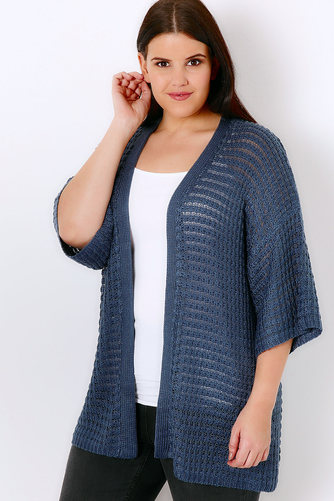 Blue Kimono Cardigan With Crochet Stripe Detail, Plus Size 16 to 36