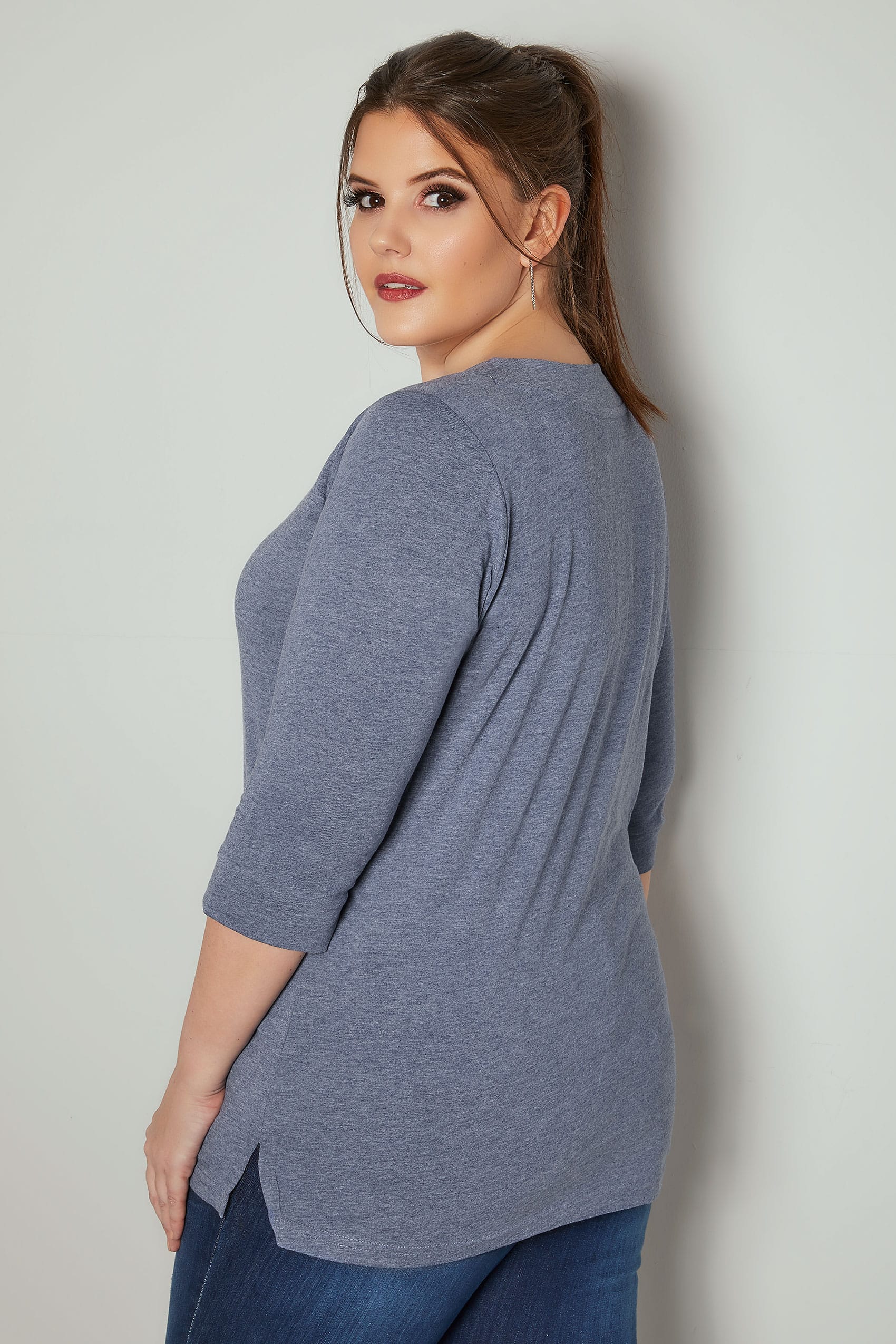 Blue Marl Band Scoop Neckline T-Shirt With 3/4 Sleeves, Plus size 16 to 36