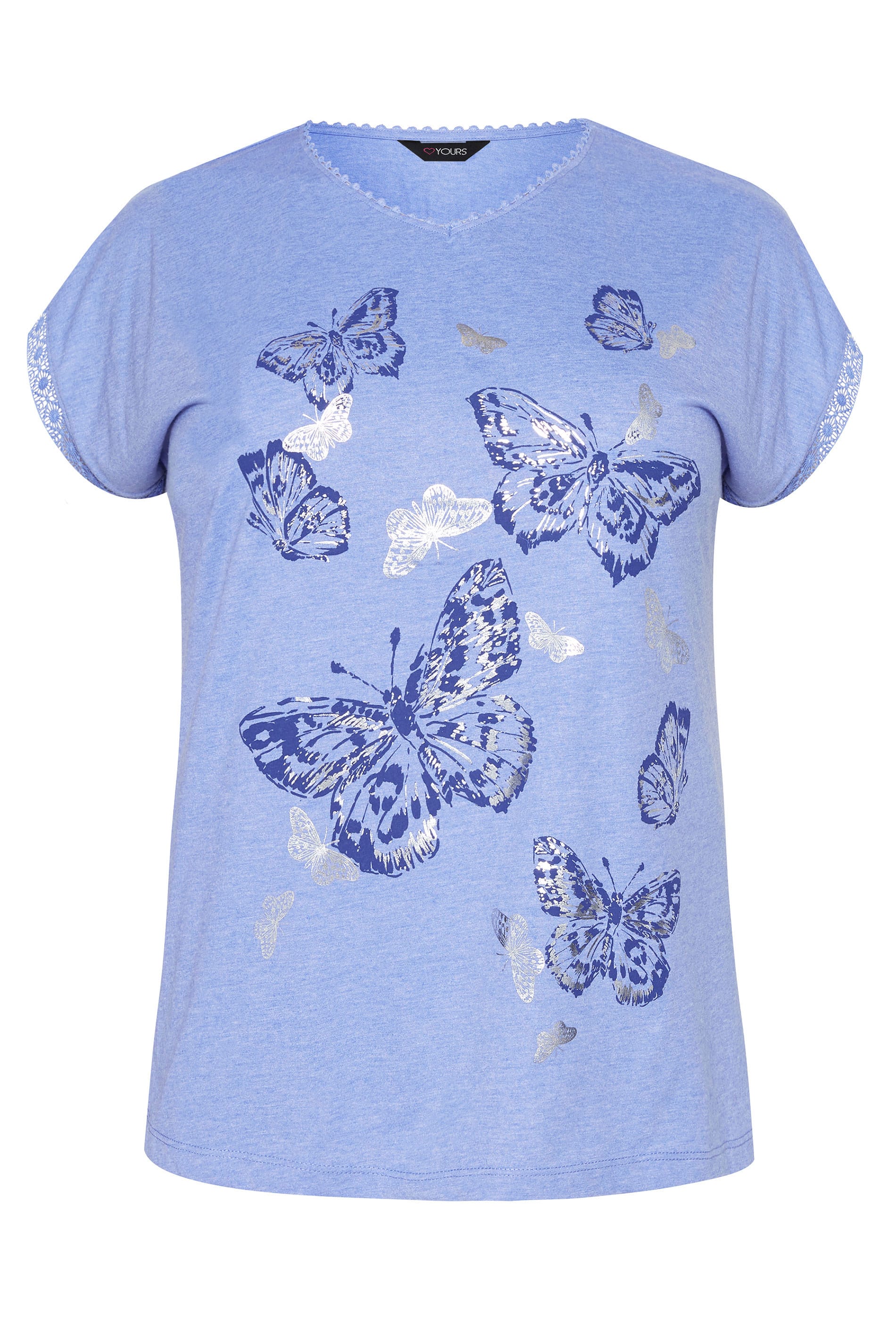 Blue Marl Butterfly Crochet T-Shirt | Sizes 16 to 36 | Yours Clothing