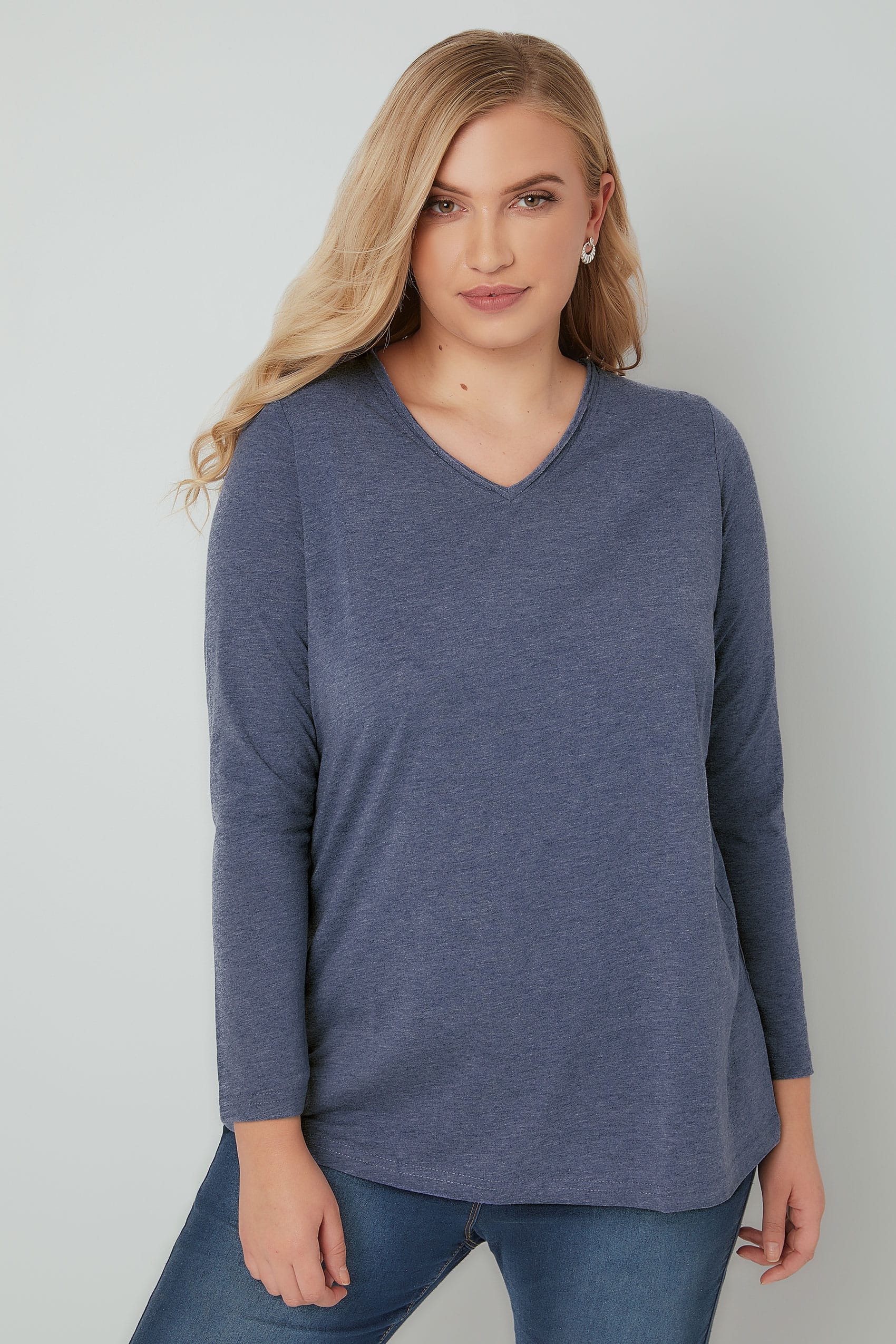 Navy Long Sleeved V-Neck Jersey Top, Plus size 16 to 36
