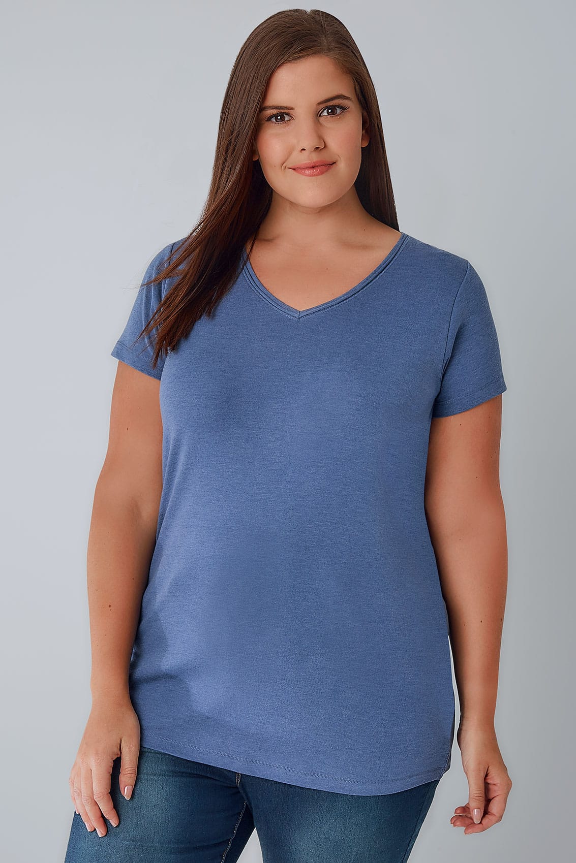 Blue Marl Short Sleeved VNeck Basic TShirt, Plus size 16