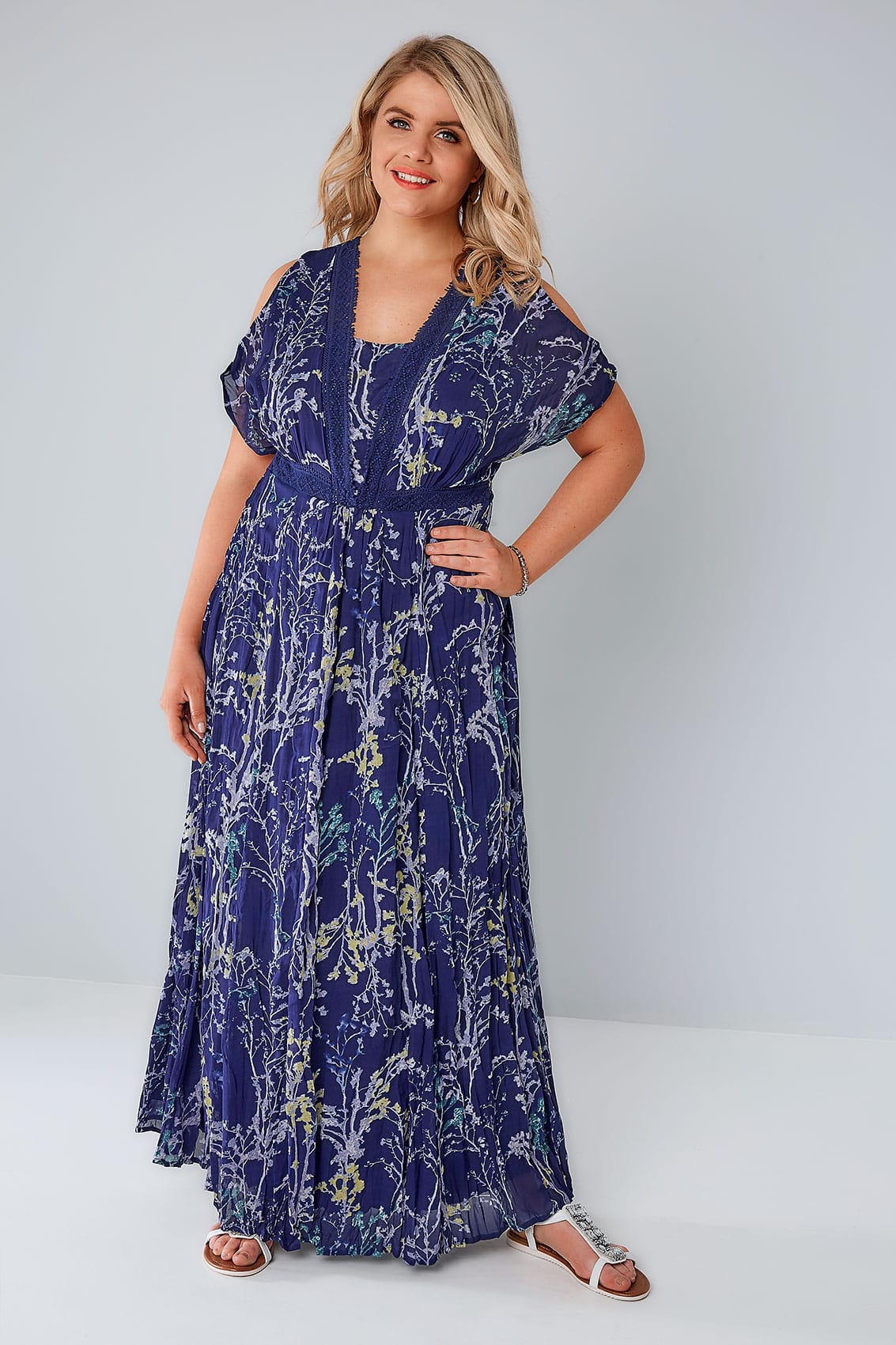 Blue & Multi Floral Print Cold Shoulder Maxi Dress With Sequin Detail ...