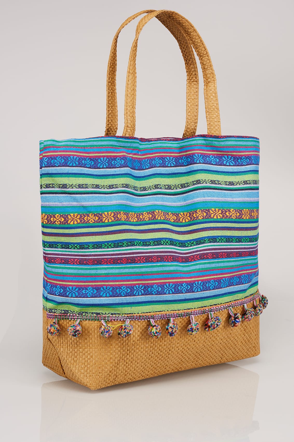Blue & Multi Stripe Pom Pom Beach Bag With Straw Handles & Panel