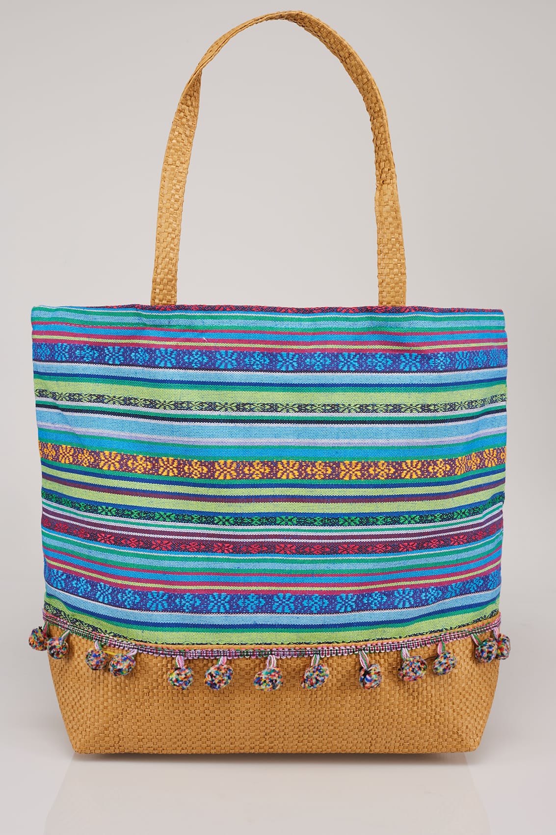 Blue & Multi Stripe Pom Pom Beach Bag With Straw Handles & Panel