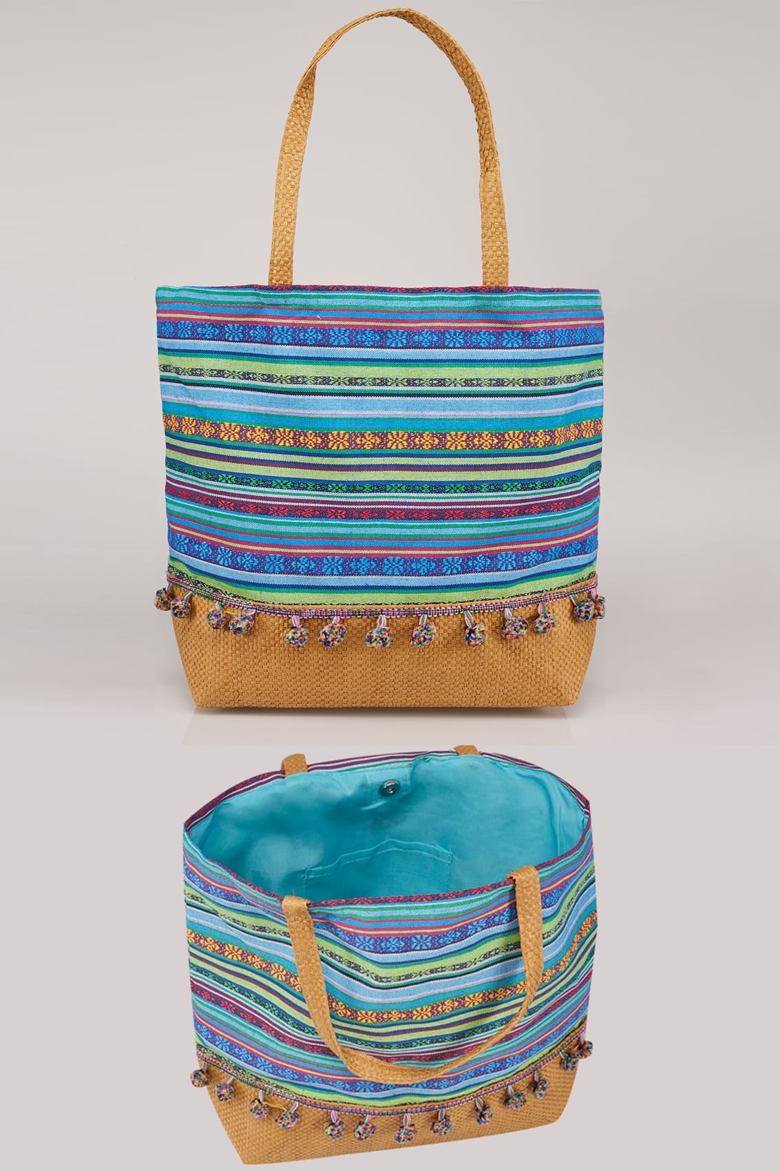 Blue & Multi Stripe Pom Pom Beach Bag With Straw Handles & Panel