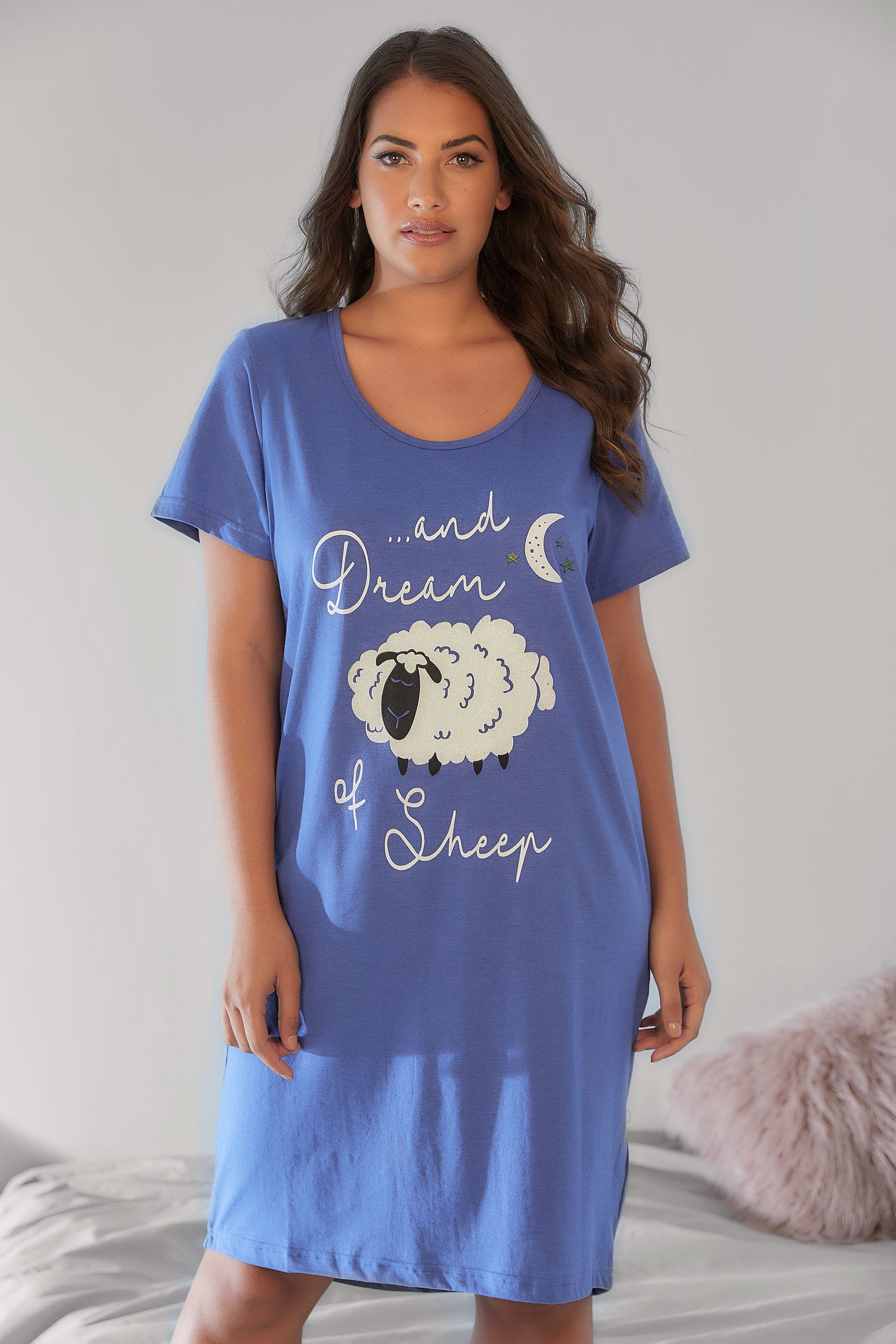 Blue Sheep And Slogan Print Nightdress Plus Size 16 To 36