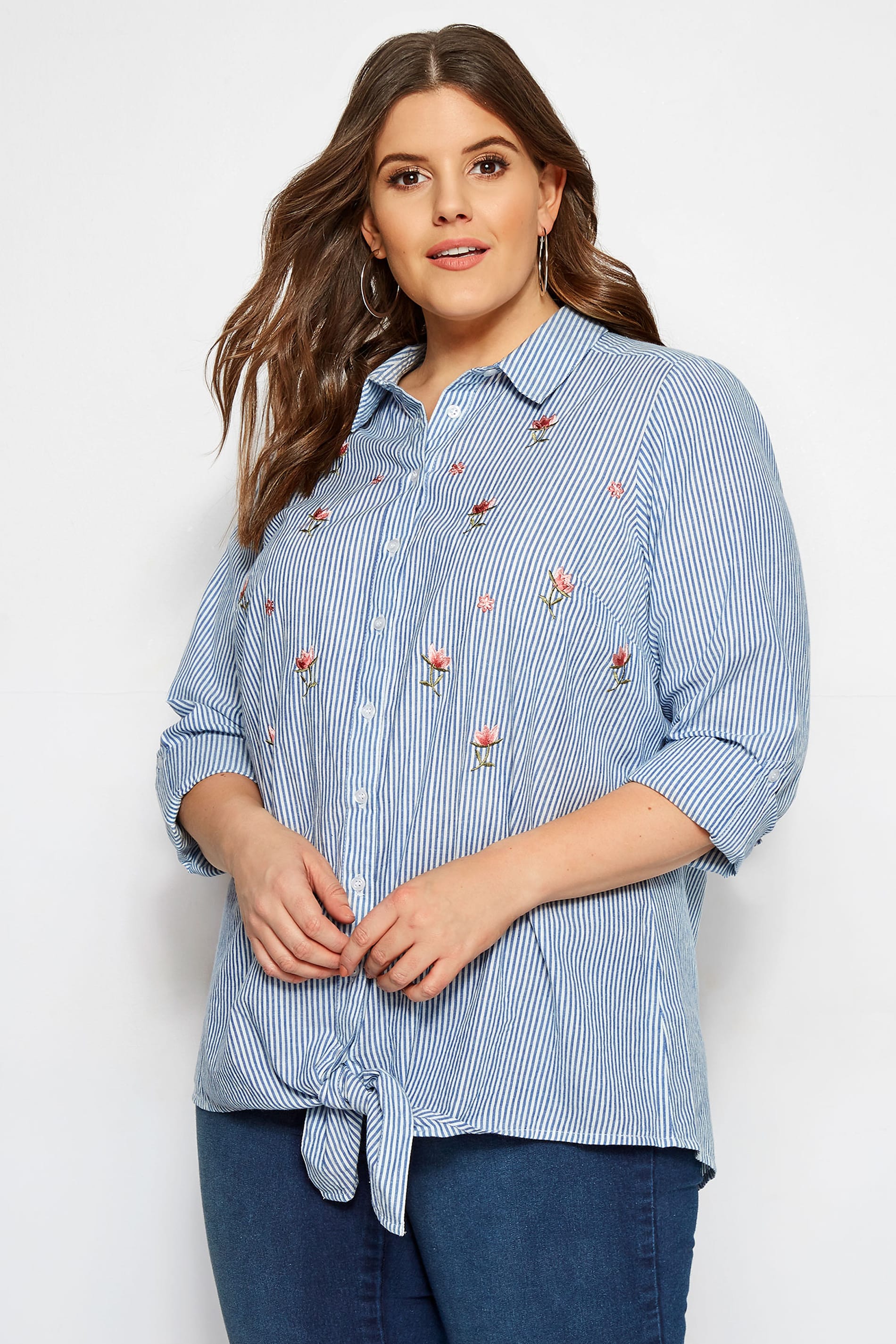 Blue Stripe Tie Front Embroidered Shirt | Sizes 16 to 36 | Yours Clothing