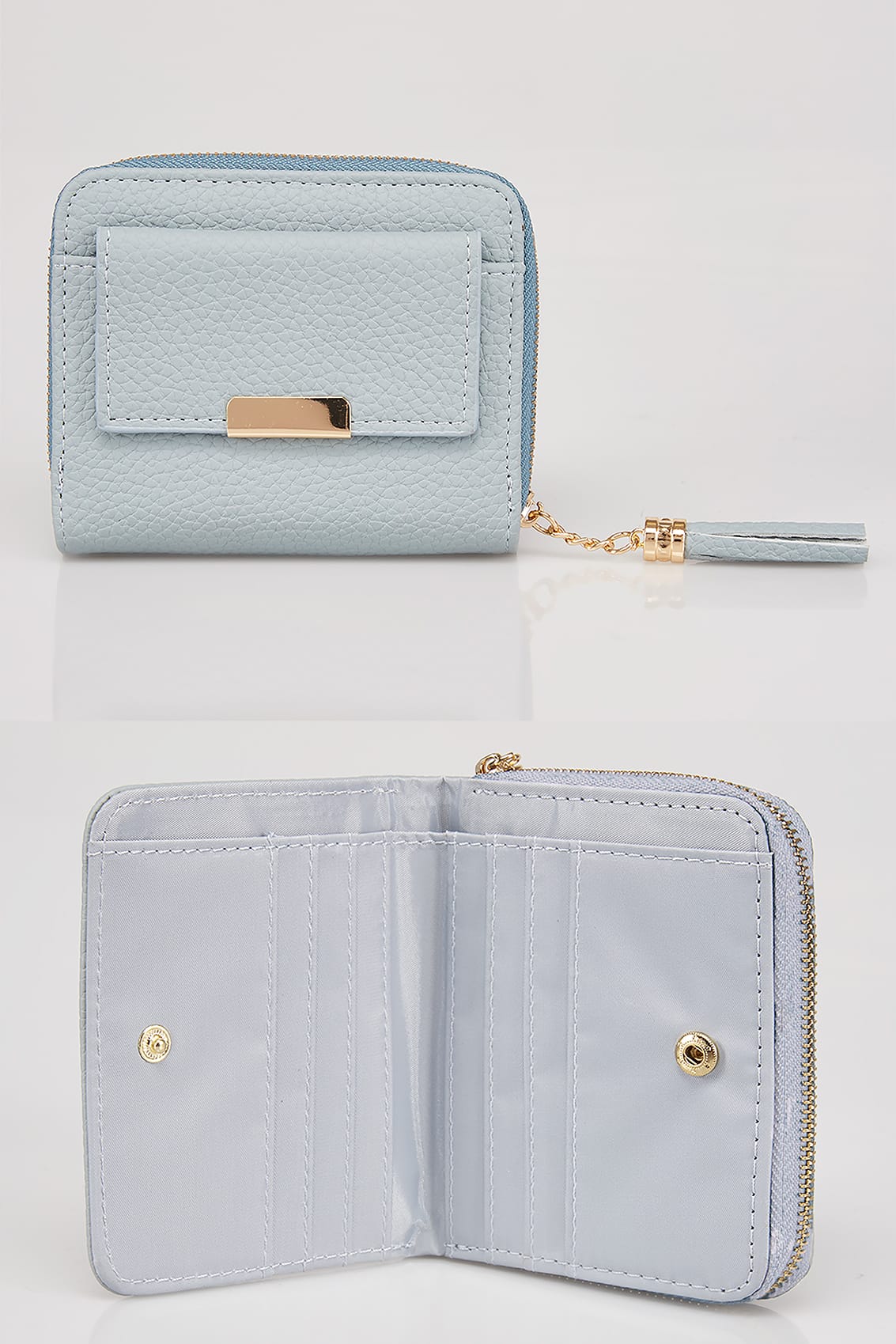 Blue Textured PU Zip Around Purse With Tab Pocket & Tassel