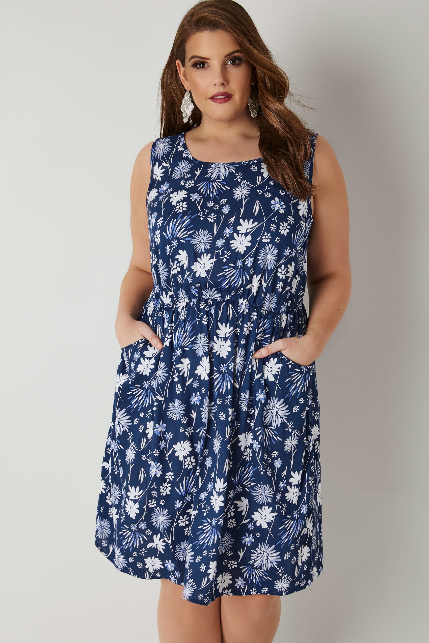 Blue & White Floral Print Pocket Dress With Elasticated Waistband, plus
