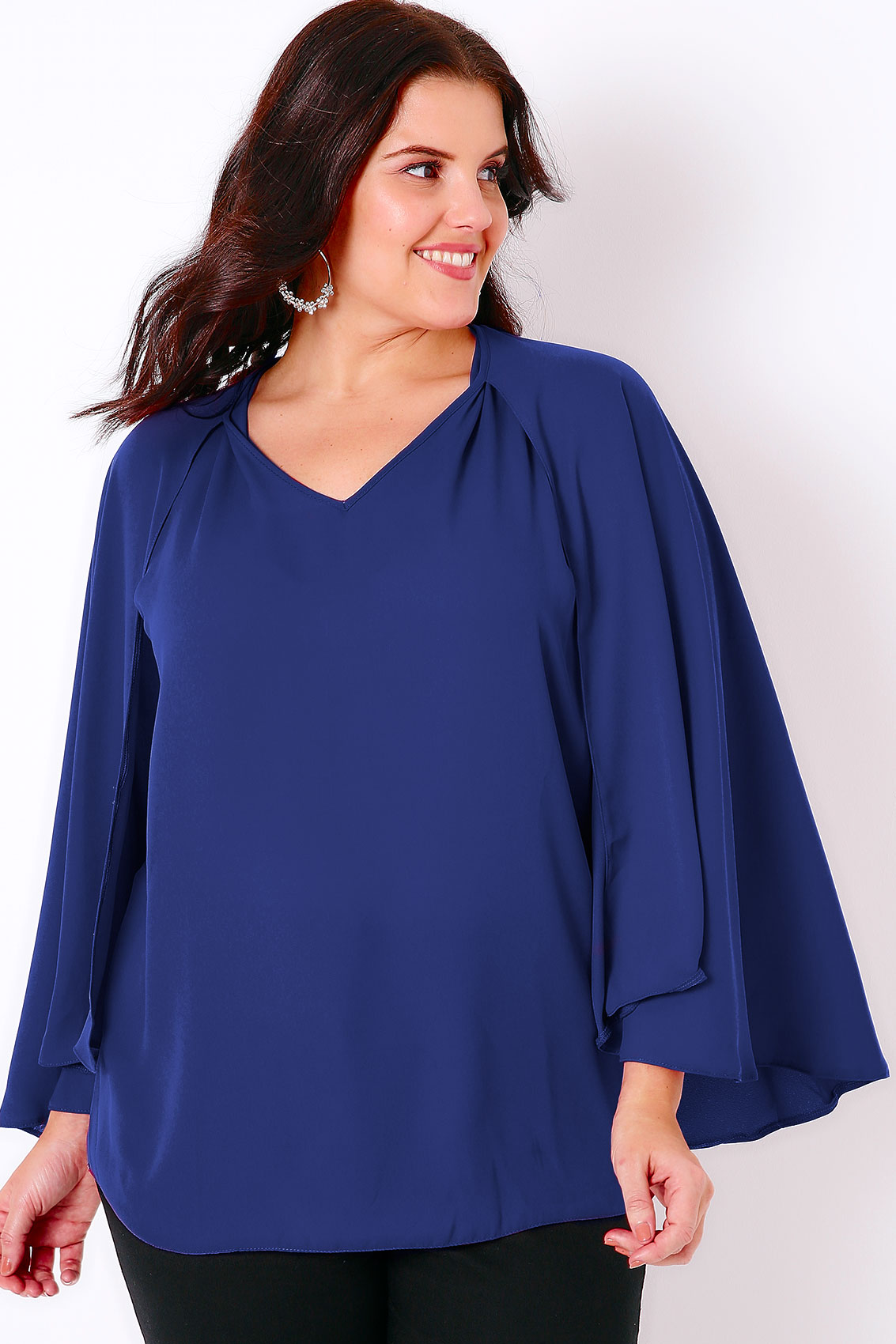 Blue Woven Sleeveless Top With V-Neck & Cape Detail, Plus Size 16 to 32
