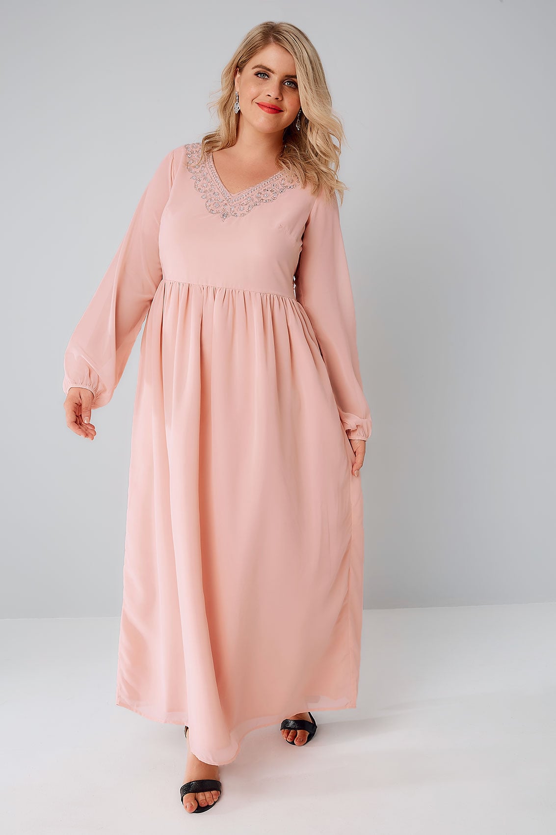 Blush Pink Chiffon Maxi Dress With Embellished V-Neckline, Plus size 16 ...