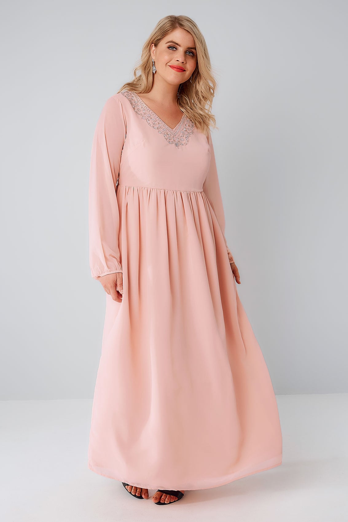 Blush Pink Chiffon Maxi Dress With Embellished V-Neckline, Plus size 16 ...